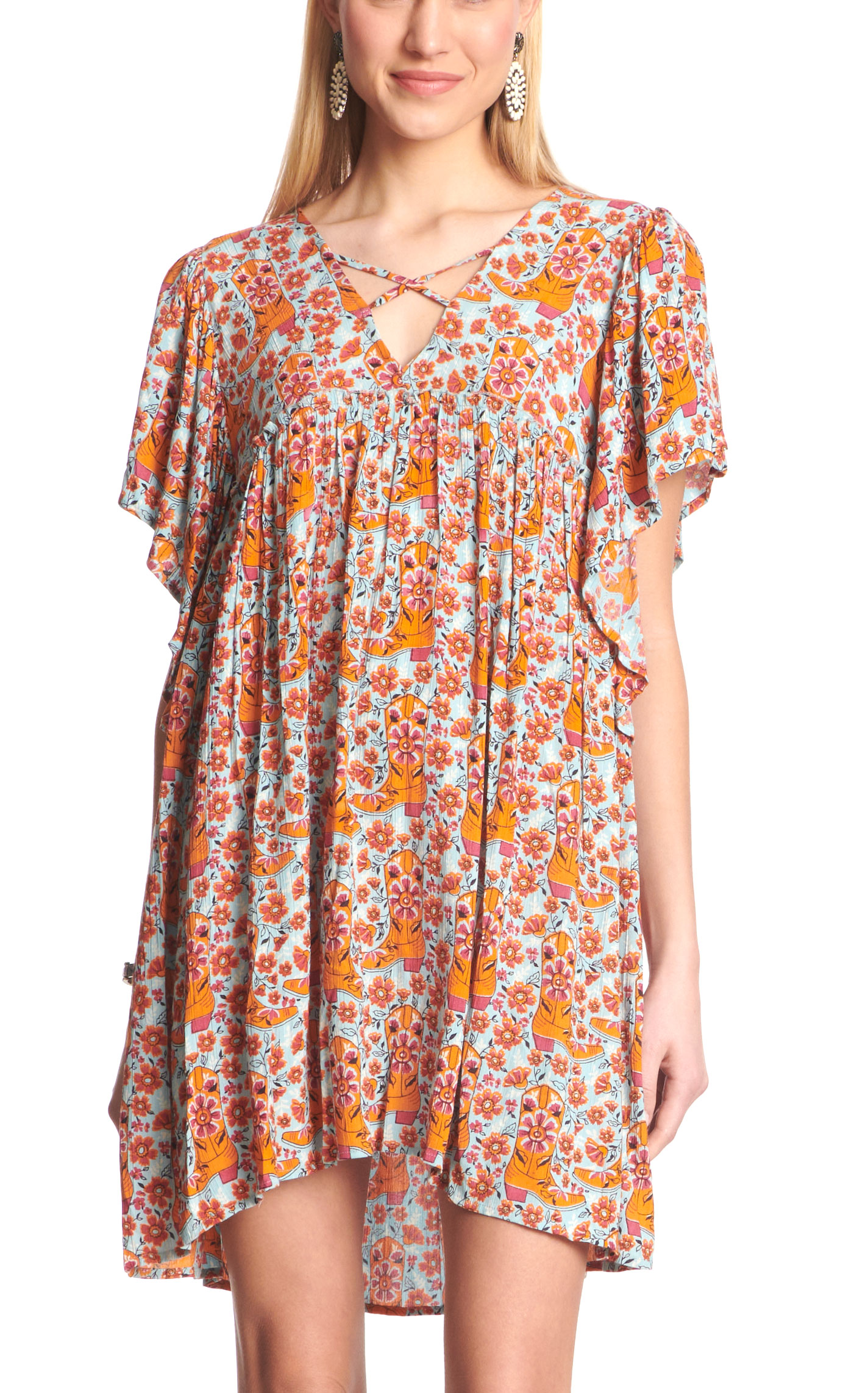 Rockin C Women's Orange & Pink Floral Boot Print Dress - Image 1