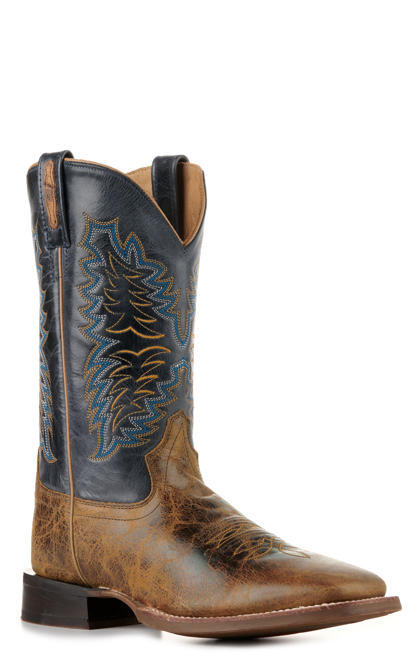 Old West Men's Burnt Brown and Navy Wide Square Toe Cowboy Boots - Image 1