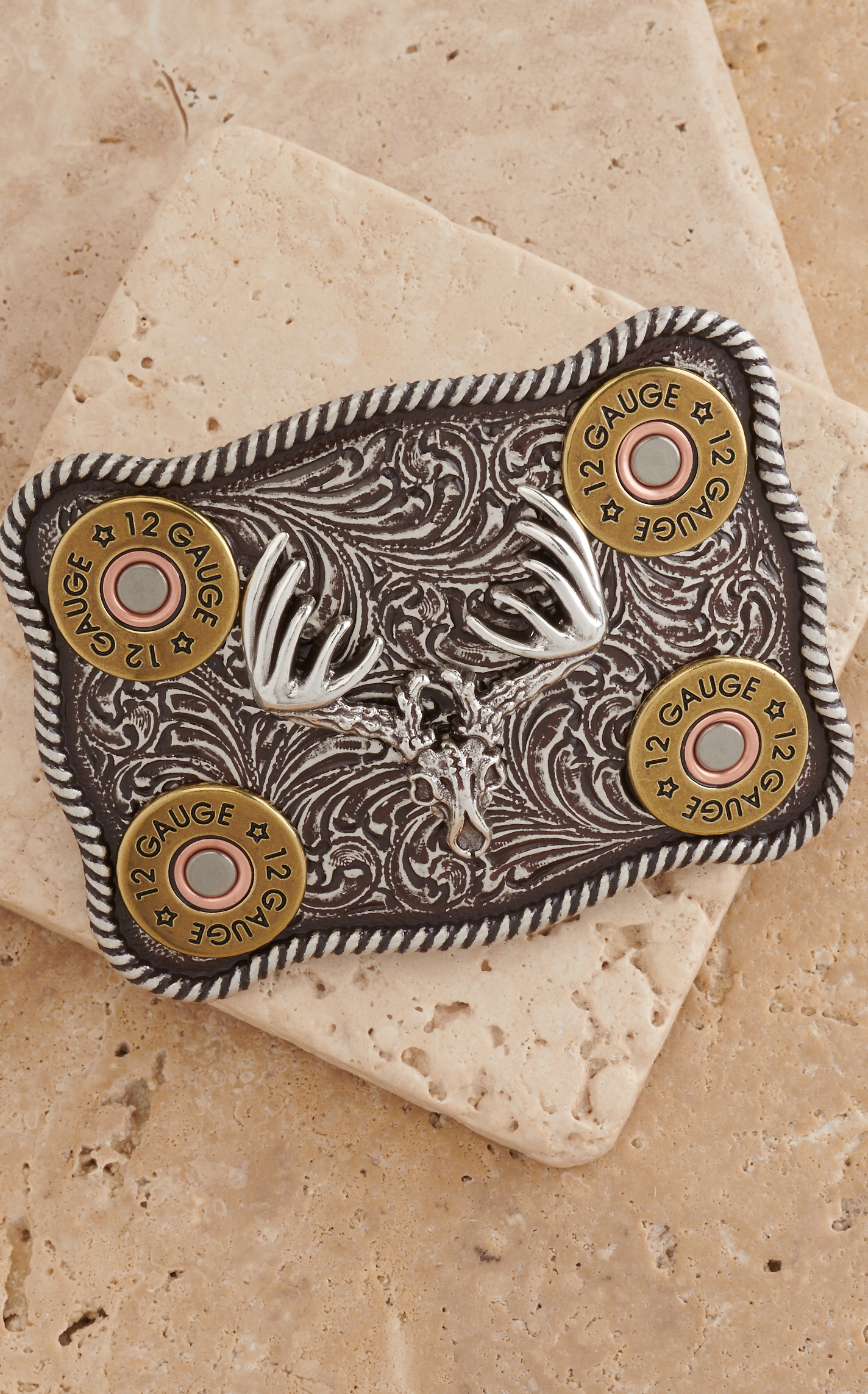 Nocona Silver Whitetail Buck Skull with Shotgun Shells Rectangular Belt Buckle - Image 1
