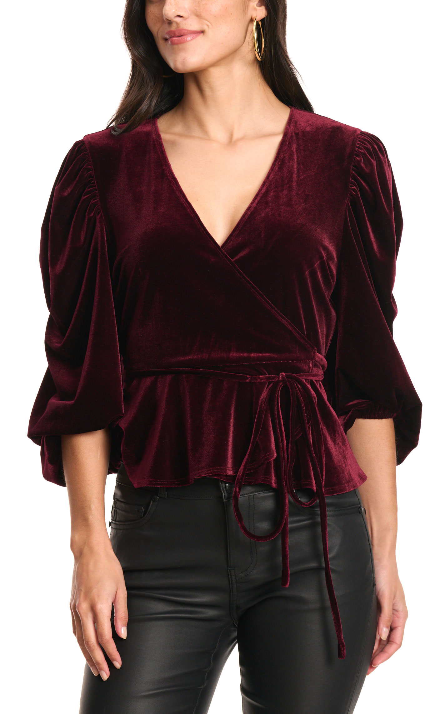 Rockin C Women's Burgundy Velvet Tie Top - Image 1