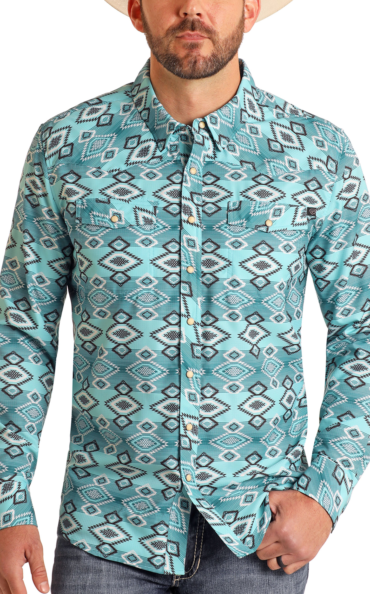 Rock & Roll Denim Men's Turquoise & Black Aztec Western Shirt - Image 1