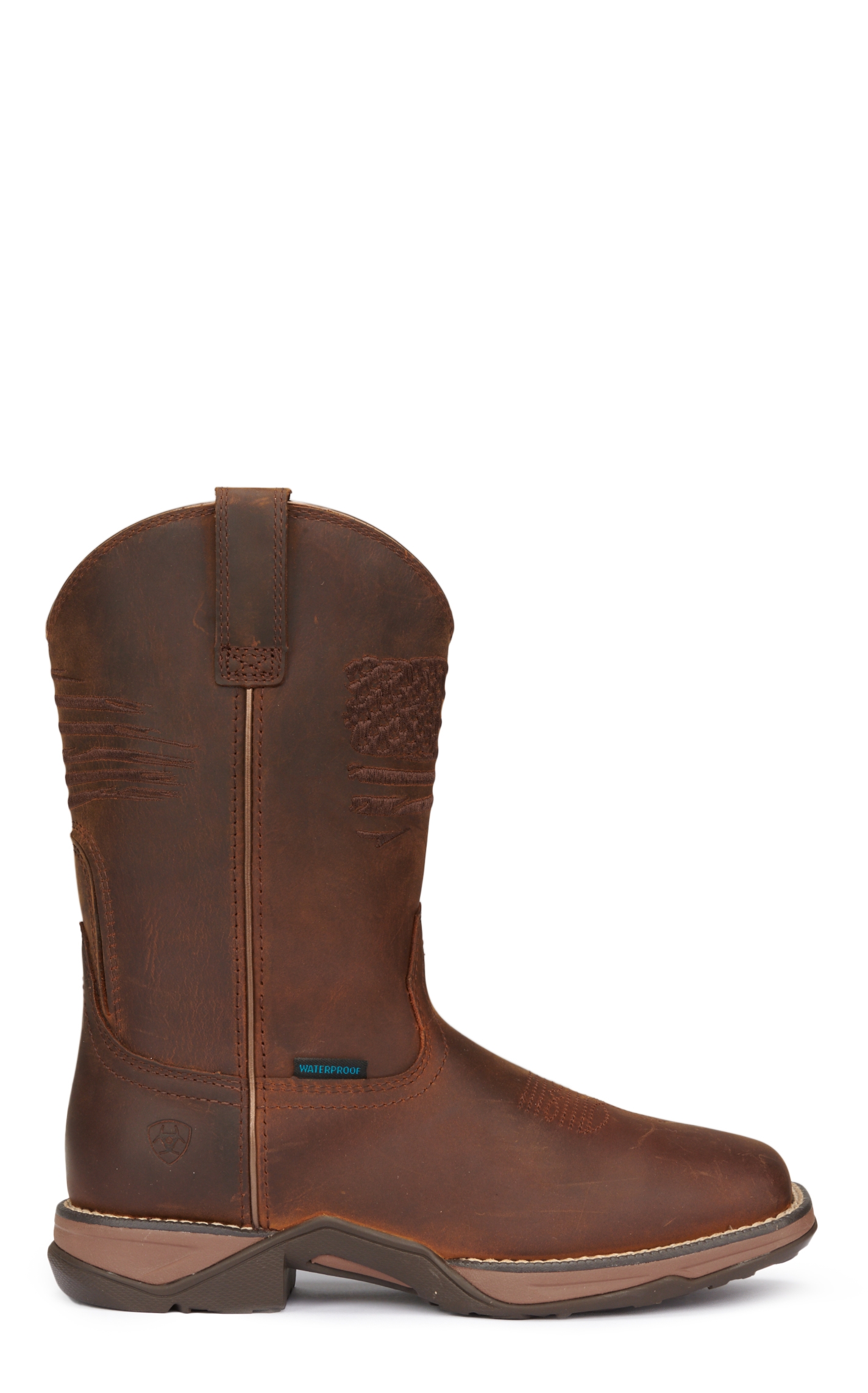 Ariat Women's Anthem Patriot H2O Distressed Brown Embroidered Flag Waterproof Square Toe Cowboy Boot - Image 1