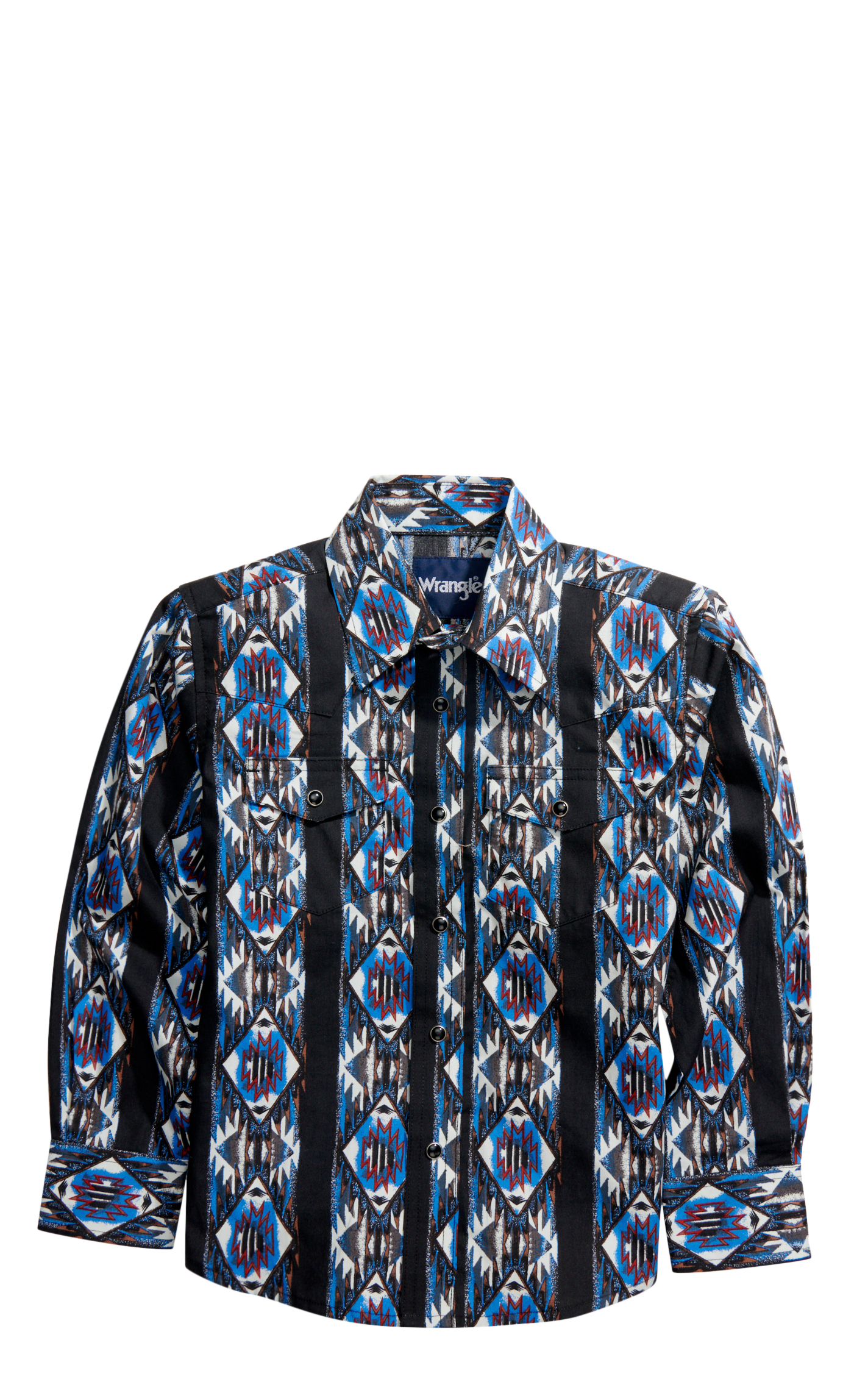 Wrangler Boy's Checotah Black & Blue Aztec Stripes Long Sleeve Western Shirt - Image 1