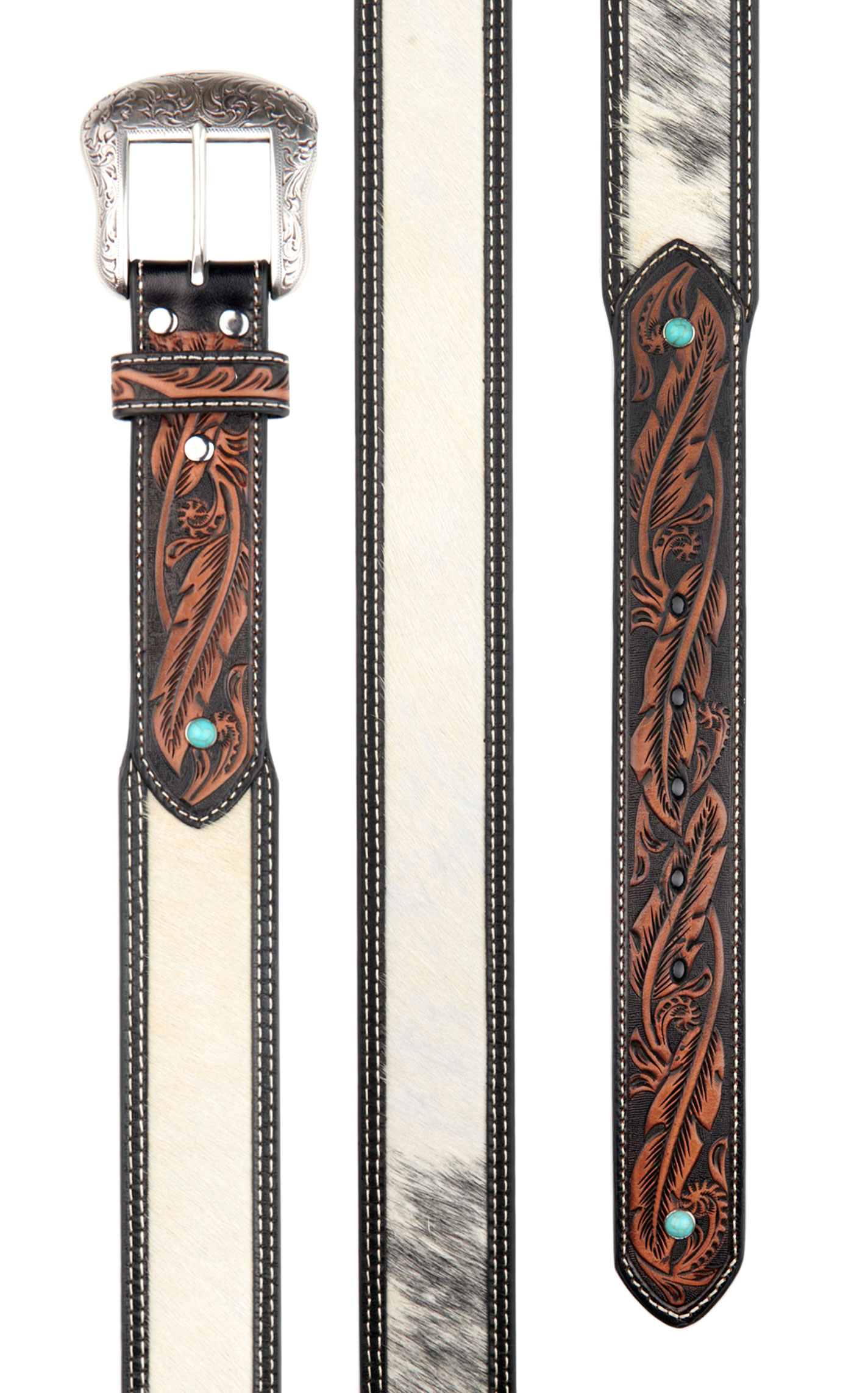 Nocona Men's Cream Hair on Hide & Feather Tooled Western Belt - Image 1