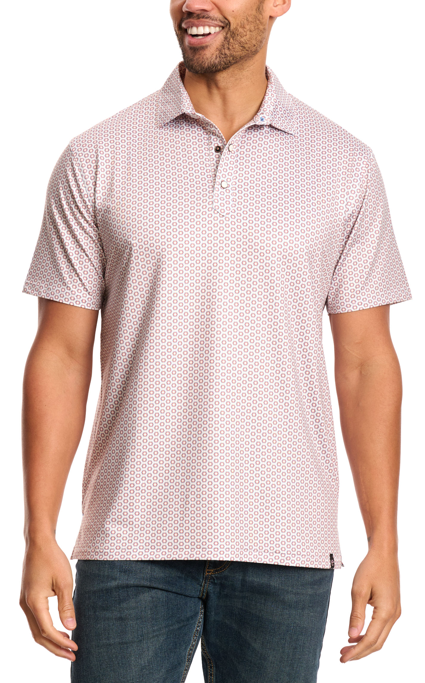 Rafter C Men's Ivory Tangerine Geo Print Polo Shirt - Image 1
