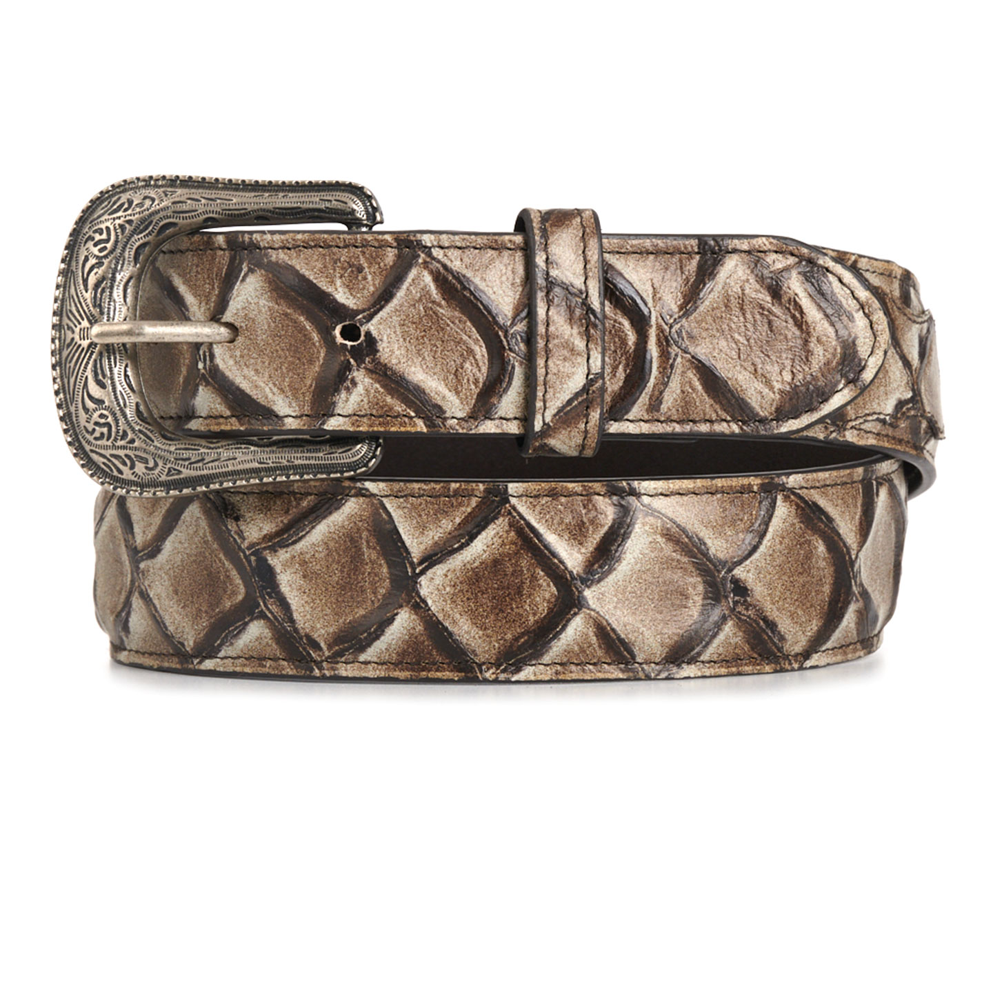 Cavender's Men's Taupe & Black Pirarucu Print Belt - Image 1