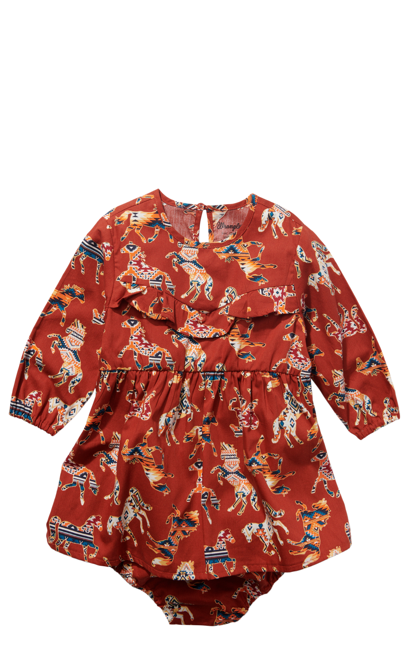 Wrangler Infant Girl's Dark Red-Orange Aztec Horse Print Long Sleeve Dress - Image 1