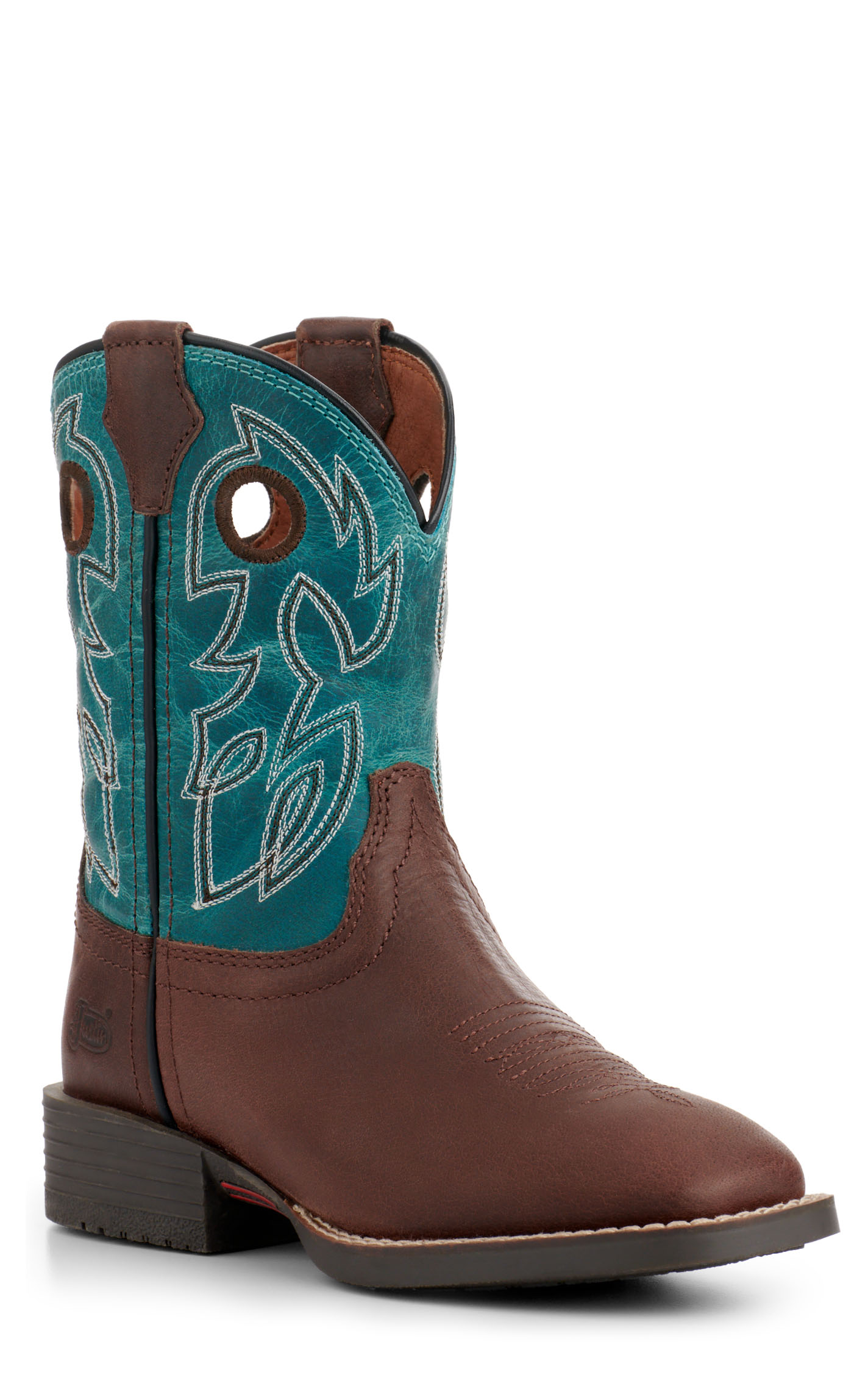 Justin Youth Bowline Junior Dark Brown and Blue Wide Square Toe Cowboy Boots - Image 1