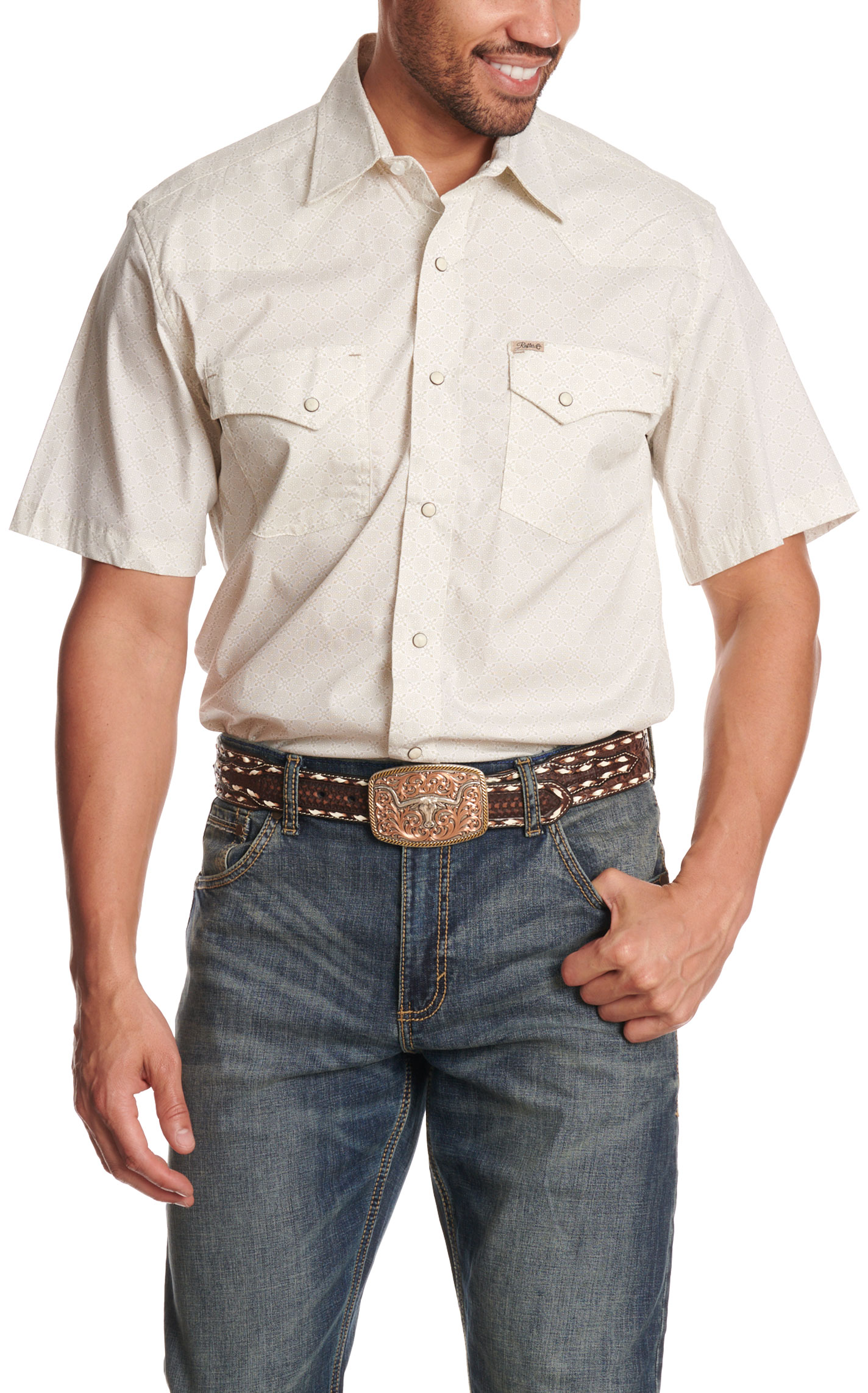 Rafter C Men's Taupe Wallpaper Print Stretch Western Shirt - Image 1
