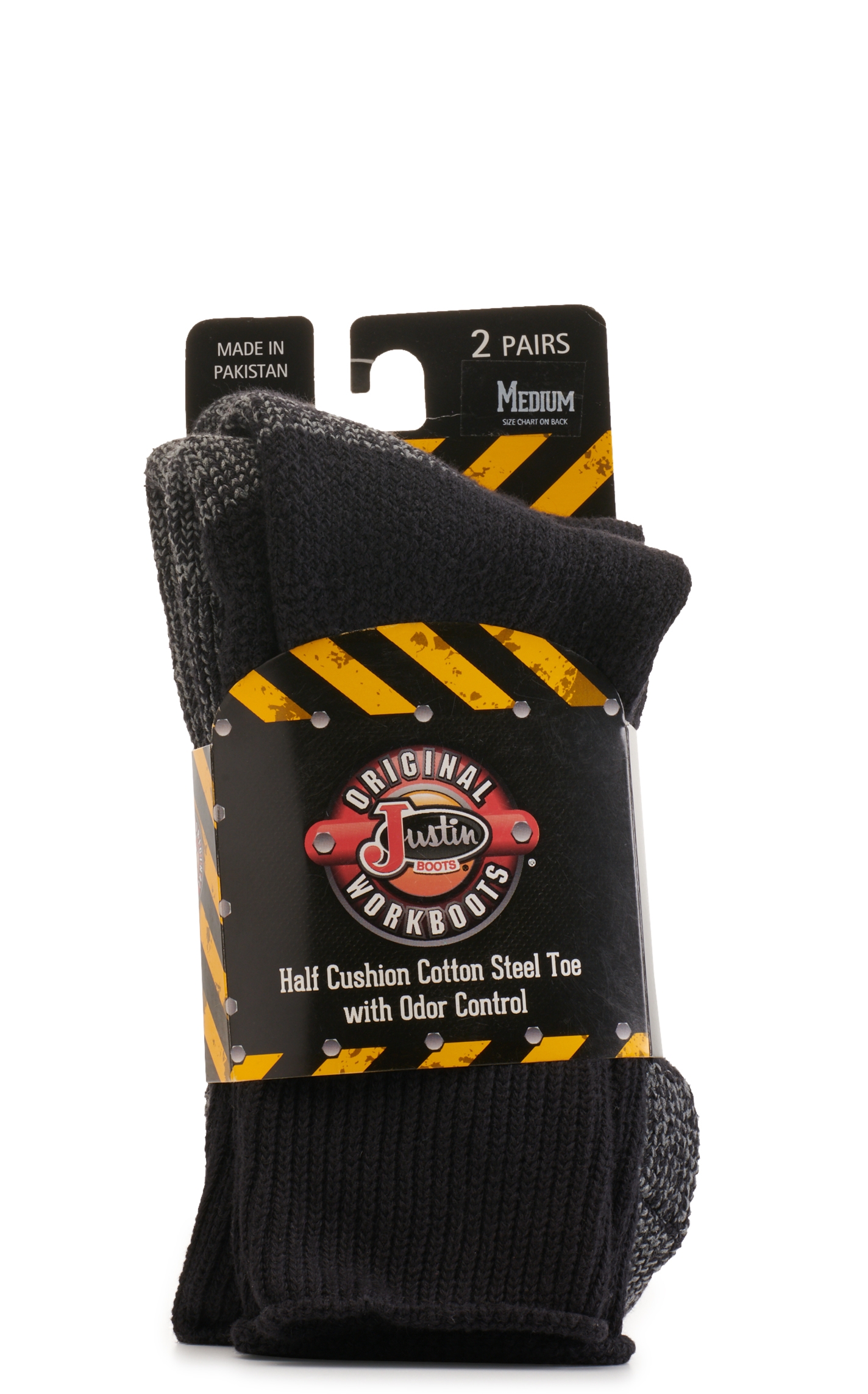 Justin Men's Black Half Cushion Cotton Crew with Odor Control 2Pk Steel Toe Boot Socks - L - Image 1