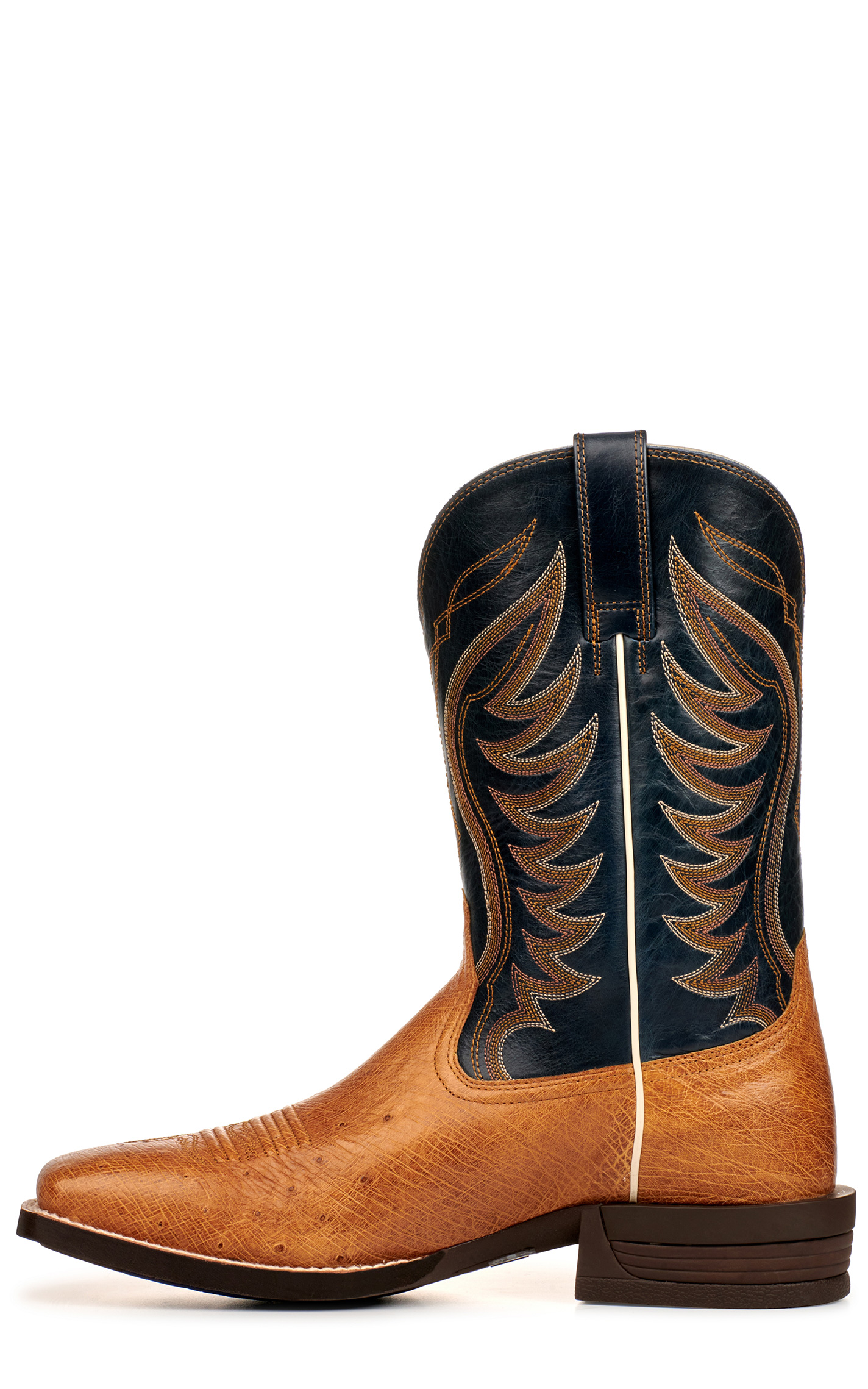 Ariat Men's Reckoning Antique Saddle Brown and Black Smooth Quill Ostrich Shock Shield Wide Square Toe Exotic Cowboy Boot - Image 1