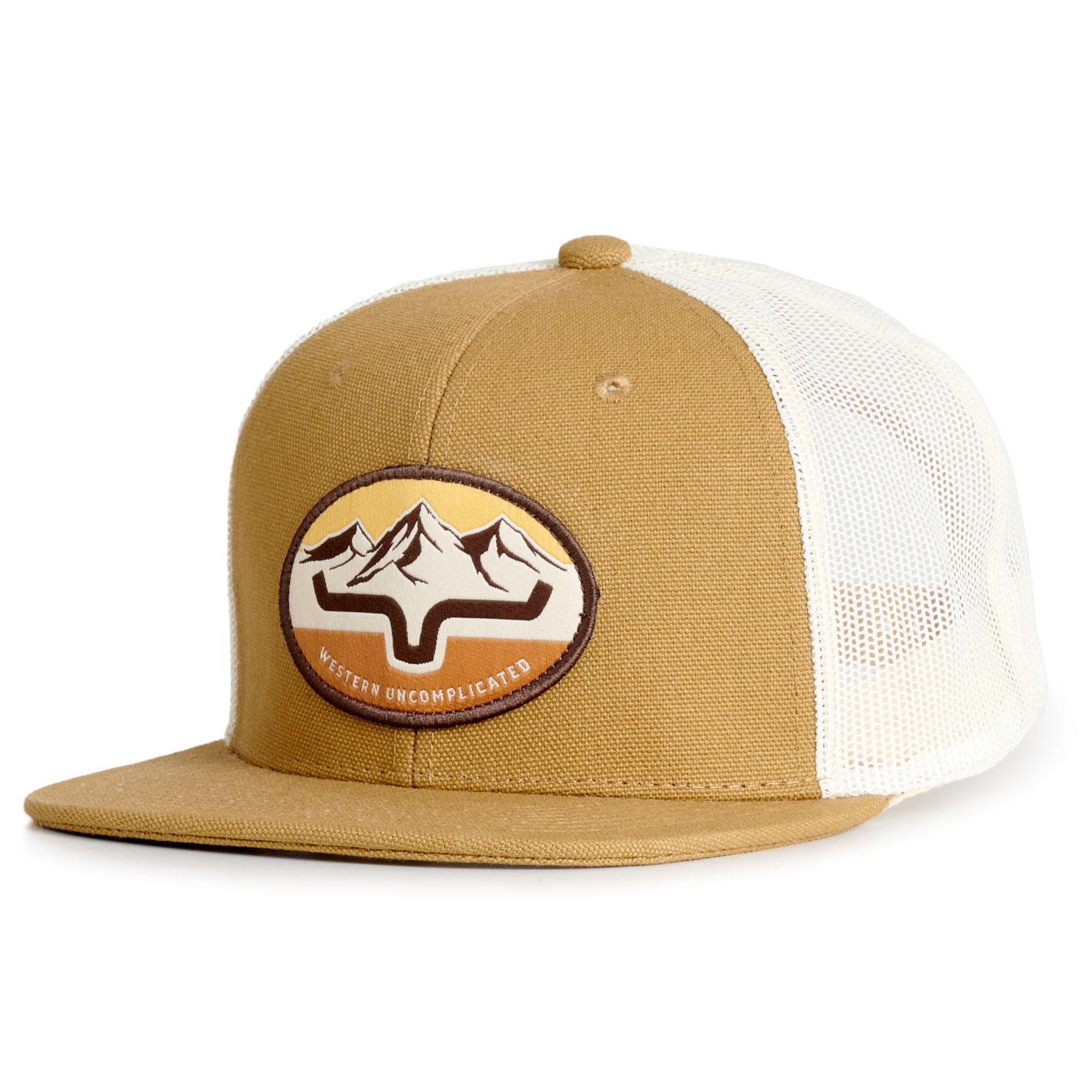 Kimes Ranch Tan & White Plano Flat Bill Patch Mesh Cap - Image 1