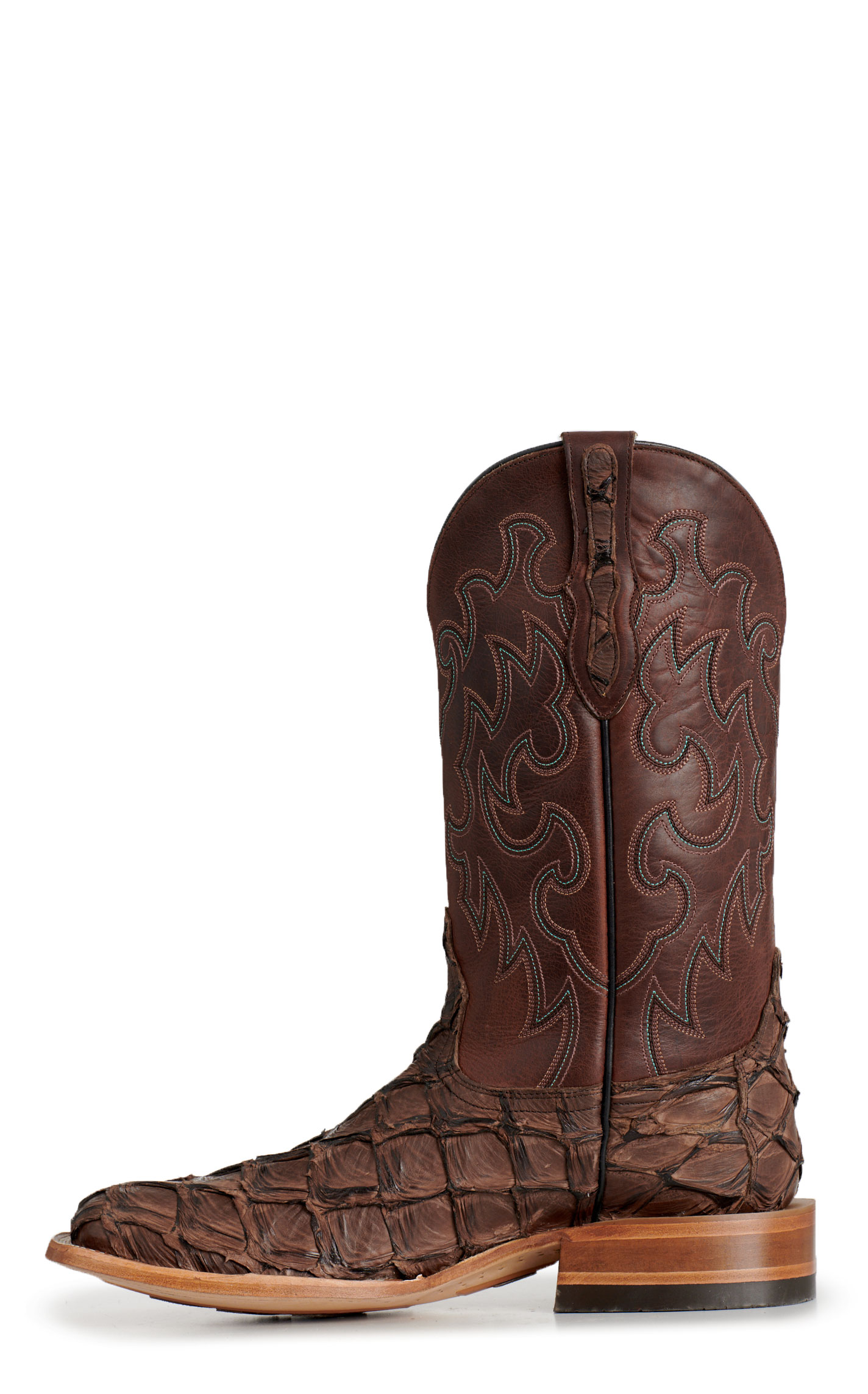 Cavender's Men's Chocolate Pirarucu & Cowhide Wide Square Toe Exotic Cowboy Boots - Image 1