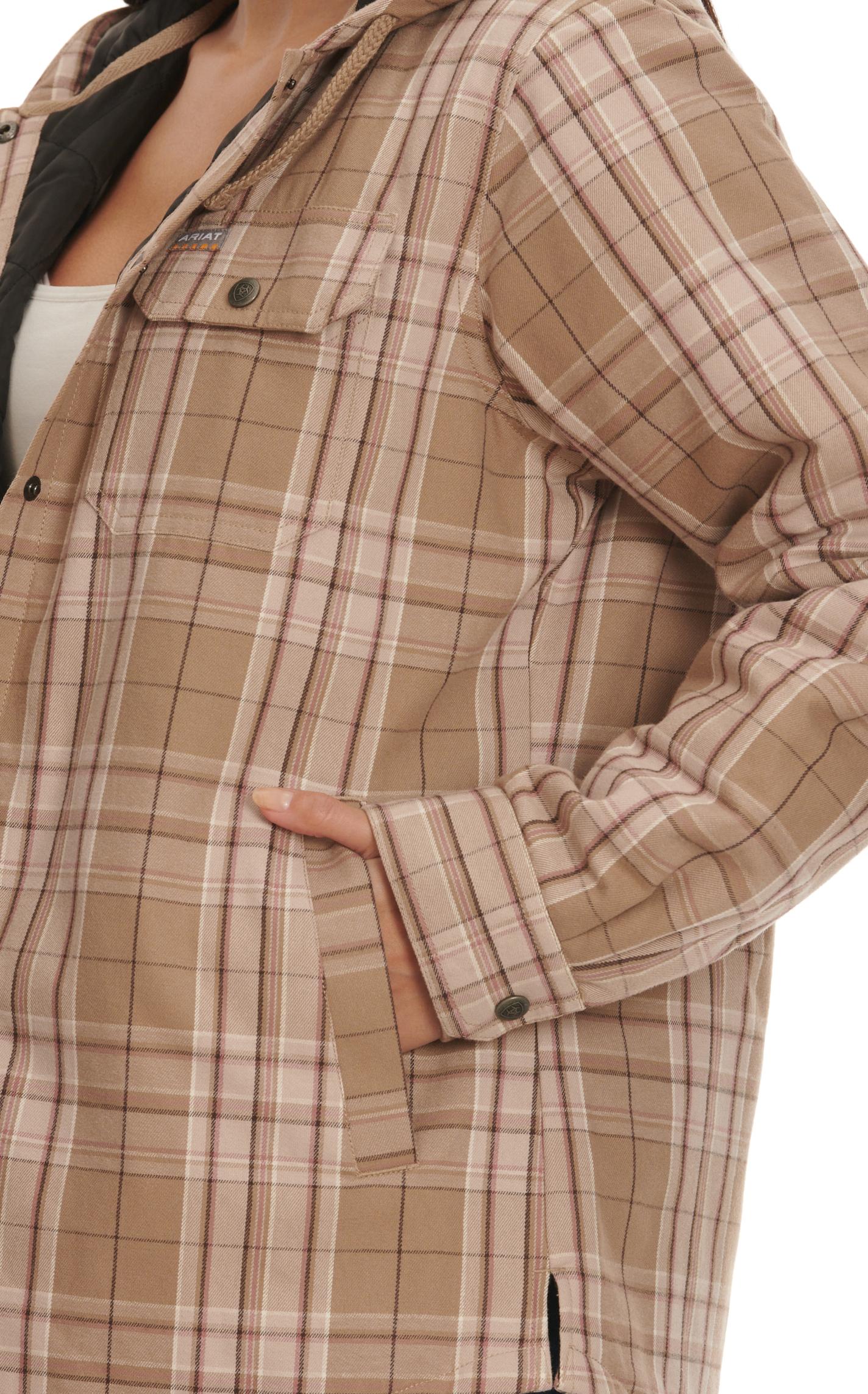 Ariat Women's Rebar Fossil Cinnamon Latte & Chocolate Plaid Flannel Lined Work Shacket - Image 1