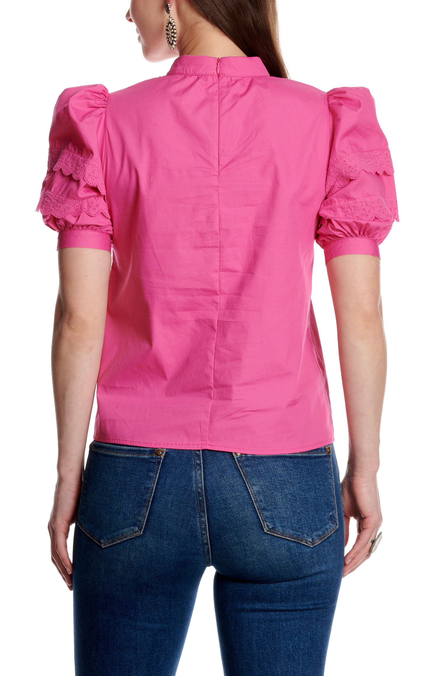 Pretty Follies Women's Fuchsia Puff Sleeve Eyelet Trim Top  - Image 1