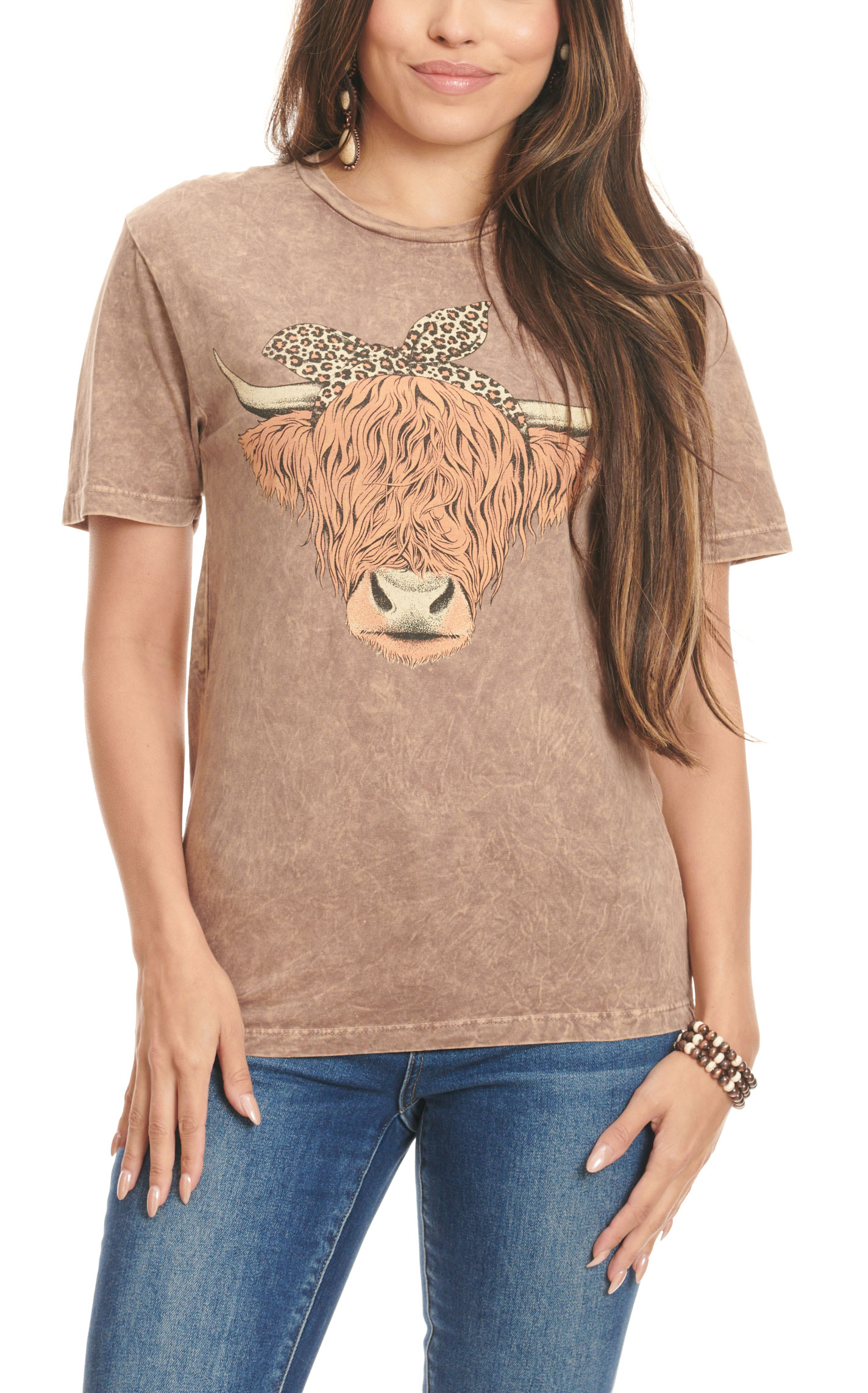 Lotus Fashion Women's Mocha Cinnamon Highland Cow Graphic Short Sleeve T-Shirt - Image 3