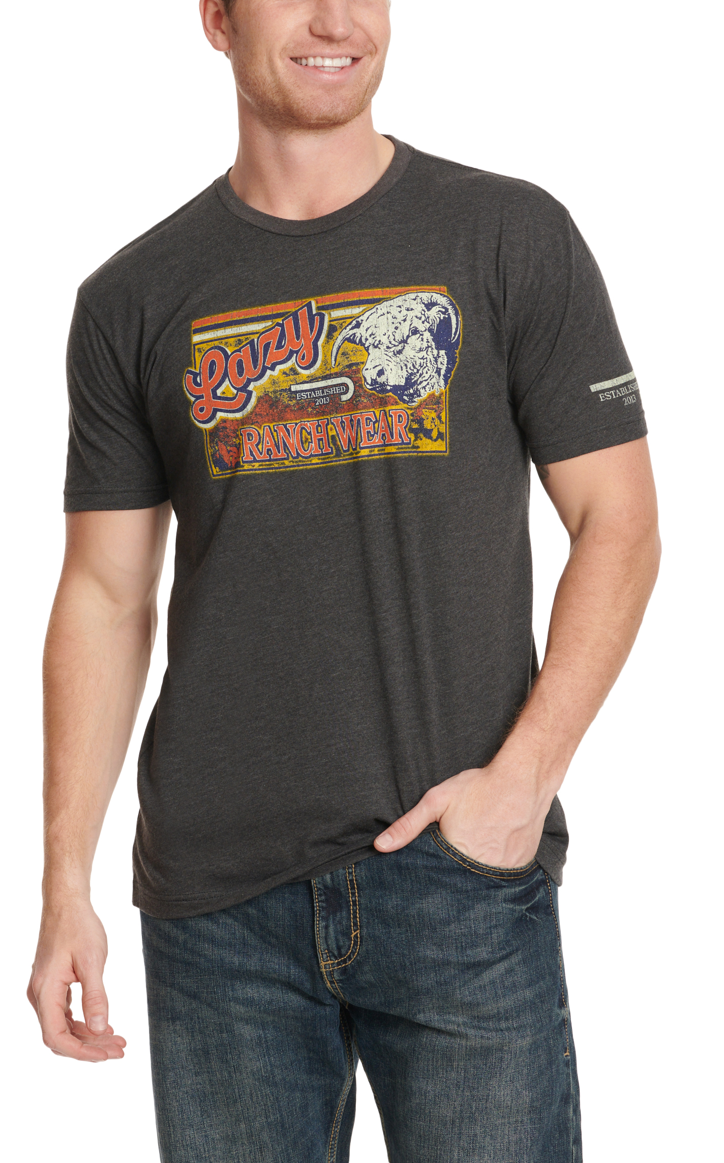 Lazy J Men's Charcoal Retro Bull Logo Graphic T-Shirt - Image 1