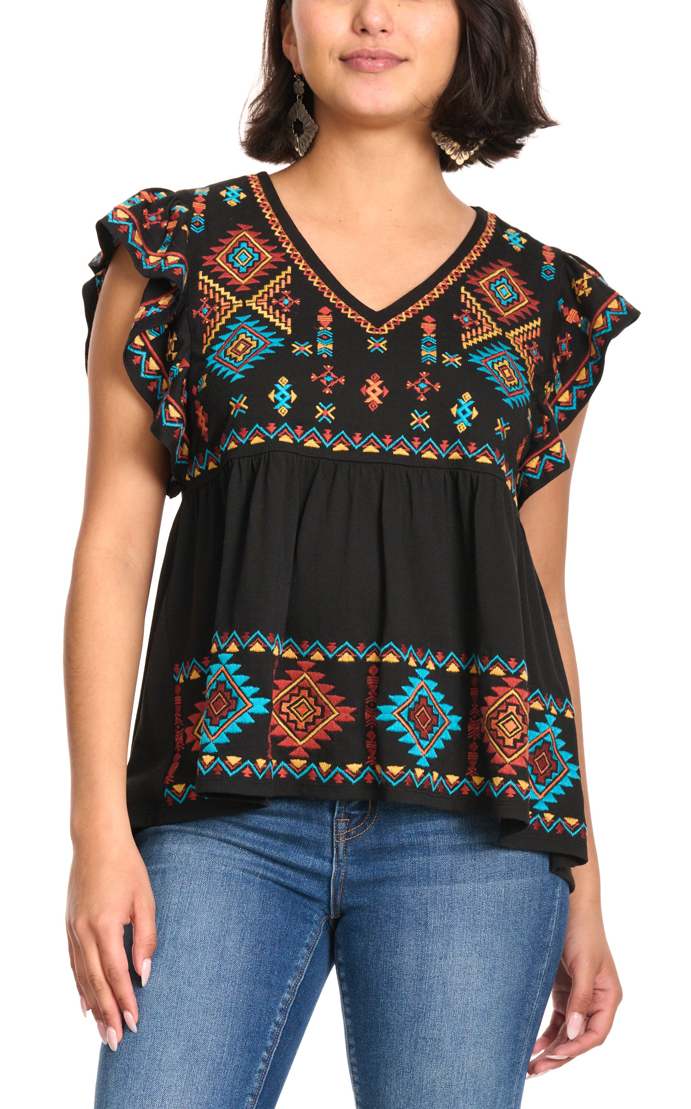 Rockin C Women's Black Embroidered Aztec Yoke Top - Image 1