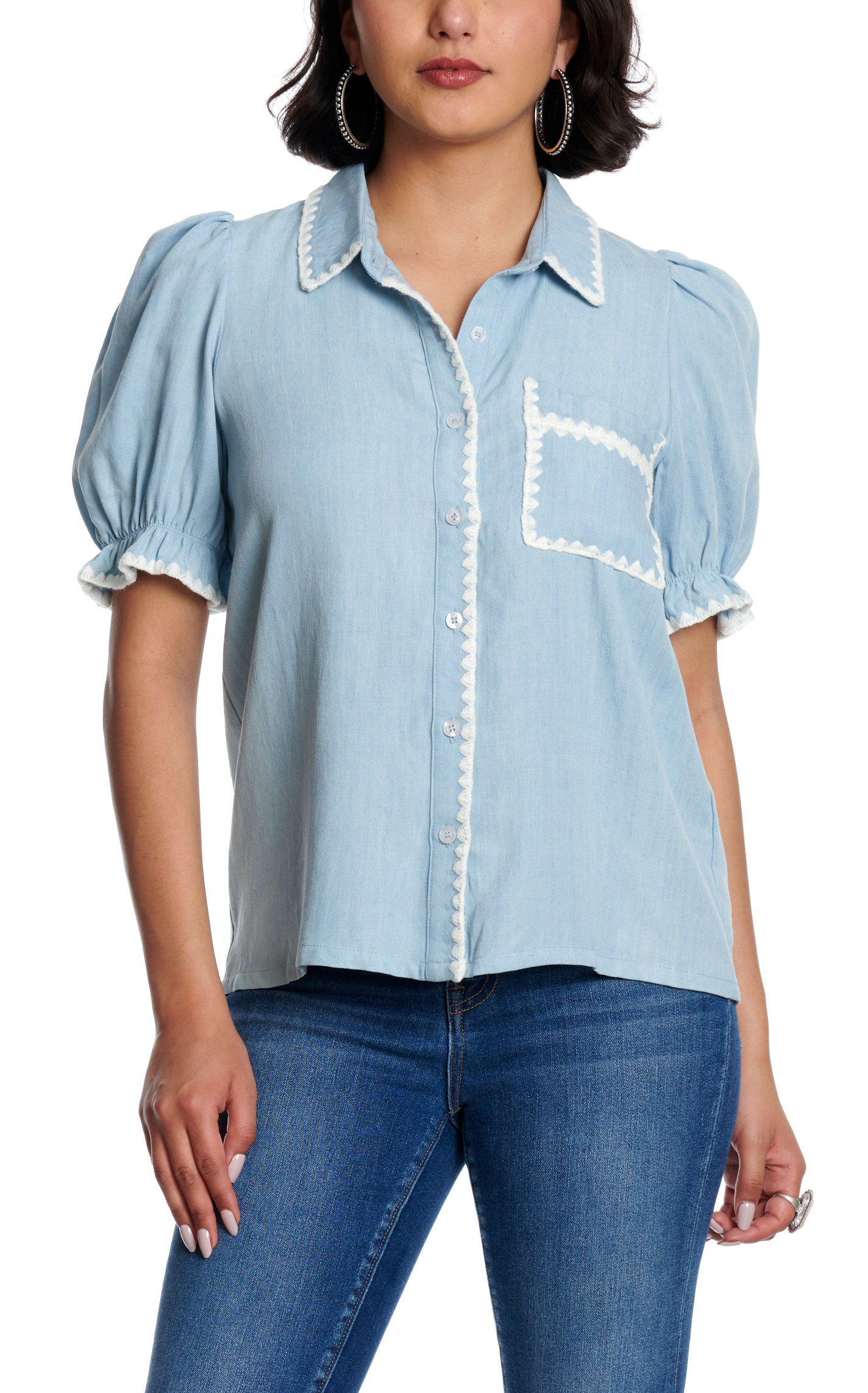 TCEC Women's Light Denim Ric Rac Stitched Top - Image 1