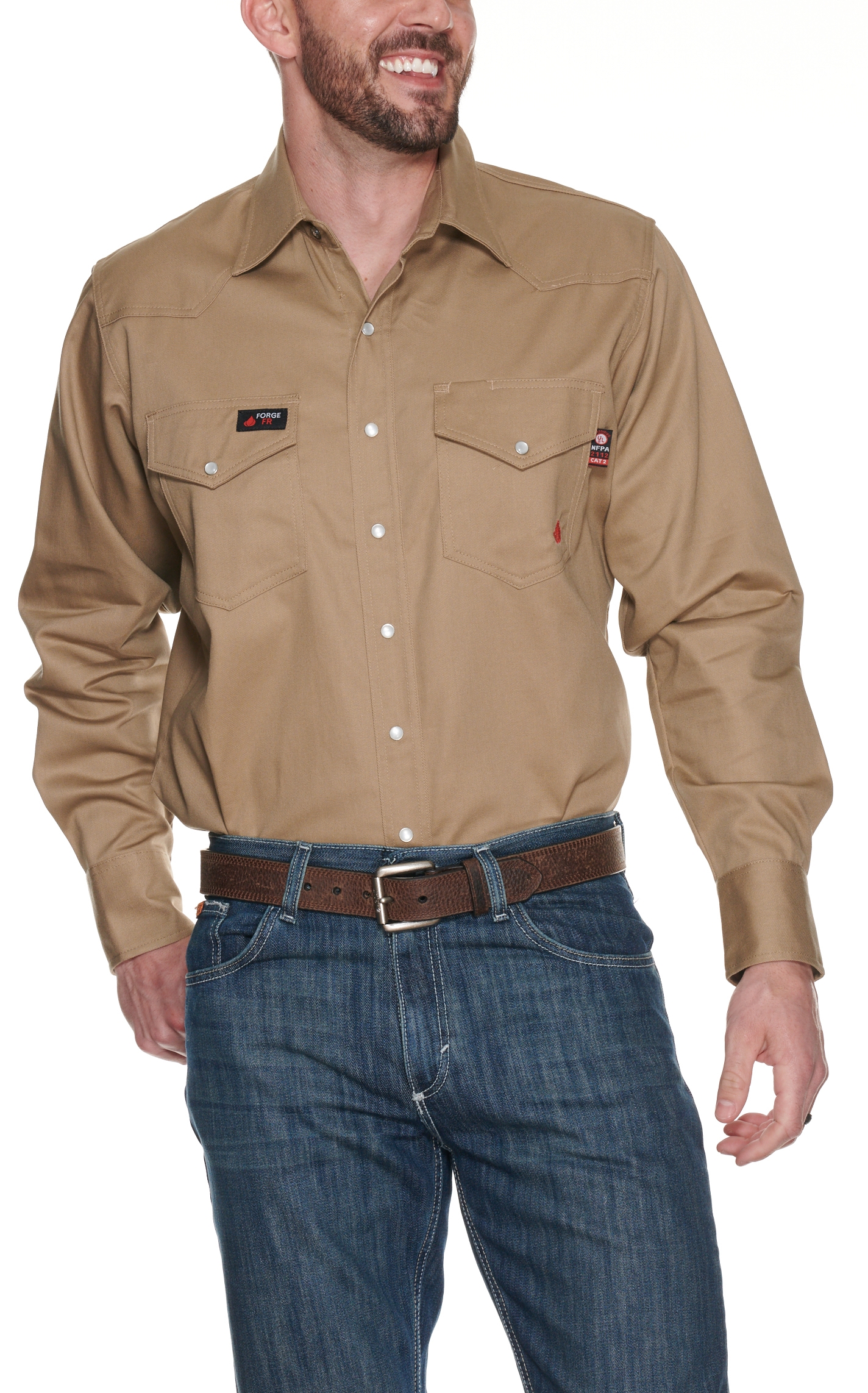 Forge Workwear FR Men's Khaki Long Sleeve Work Shirt - Image 1