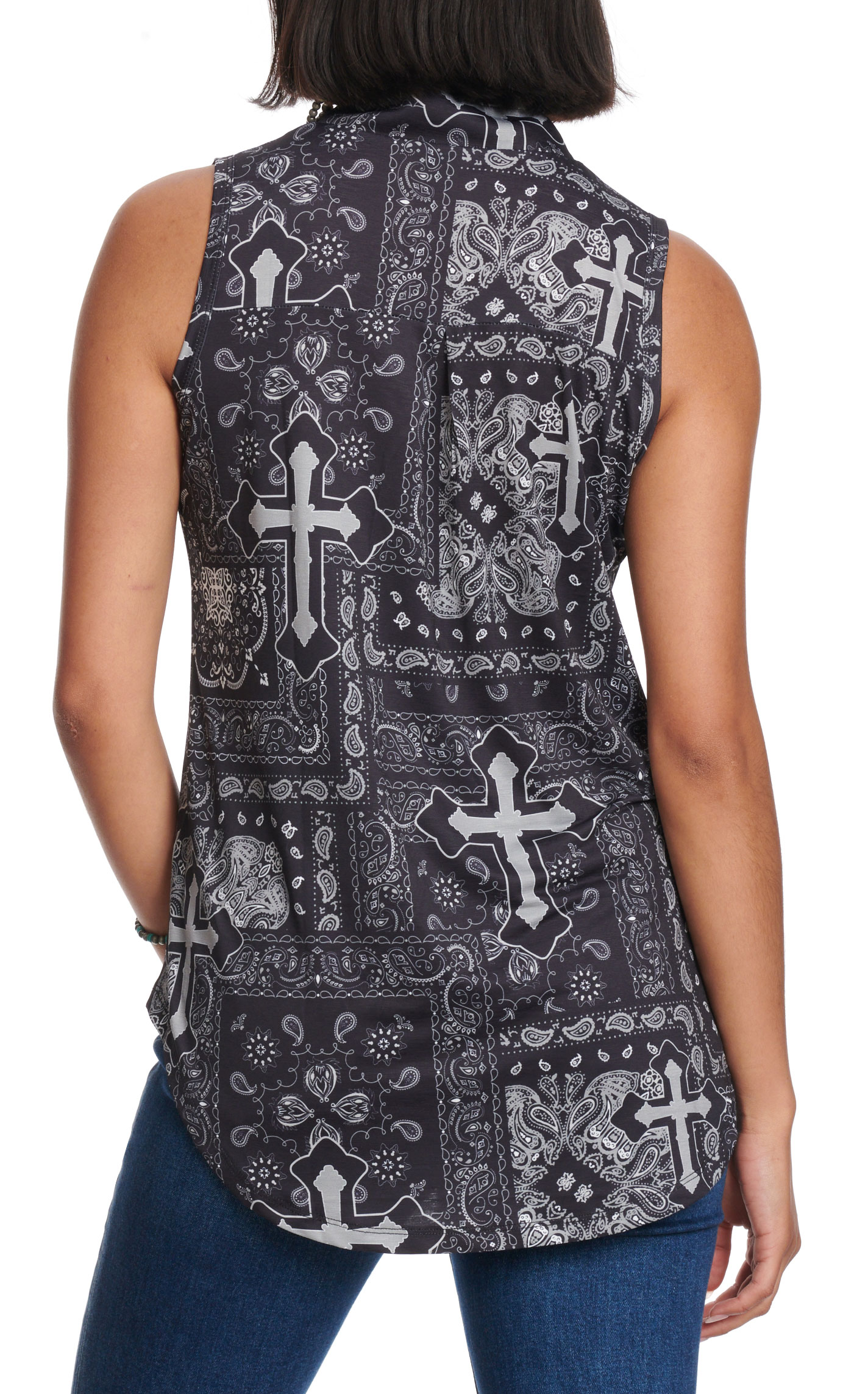 Cowgirl Hardware Women's Black Bandana Cross Patchwork Print Top - Image 1