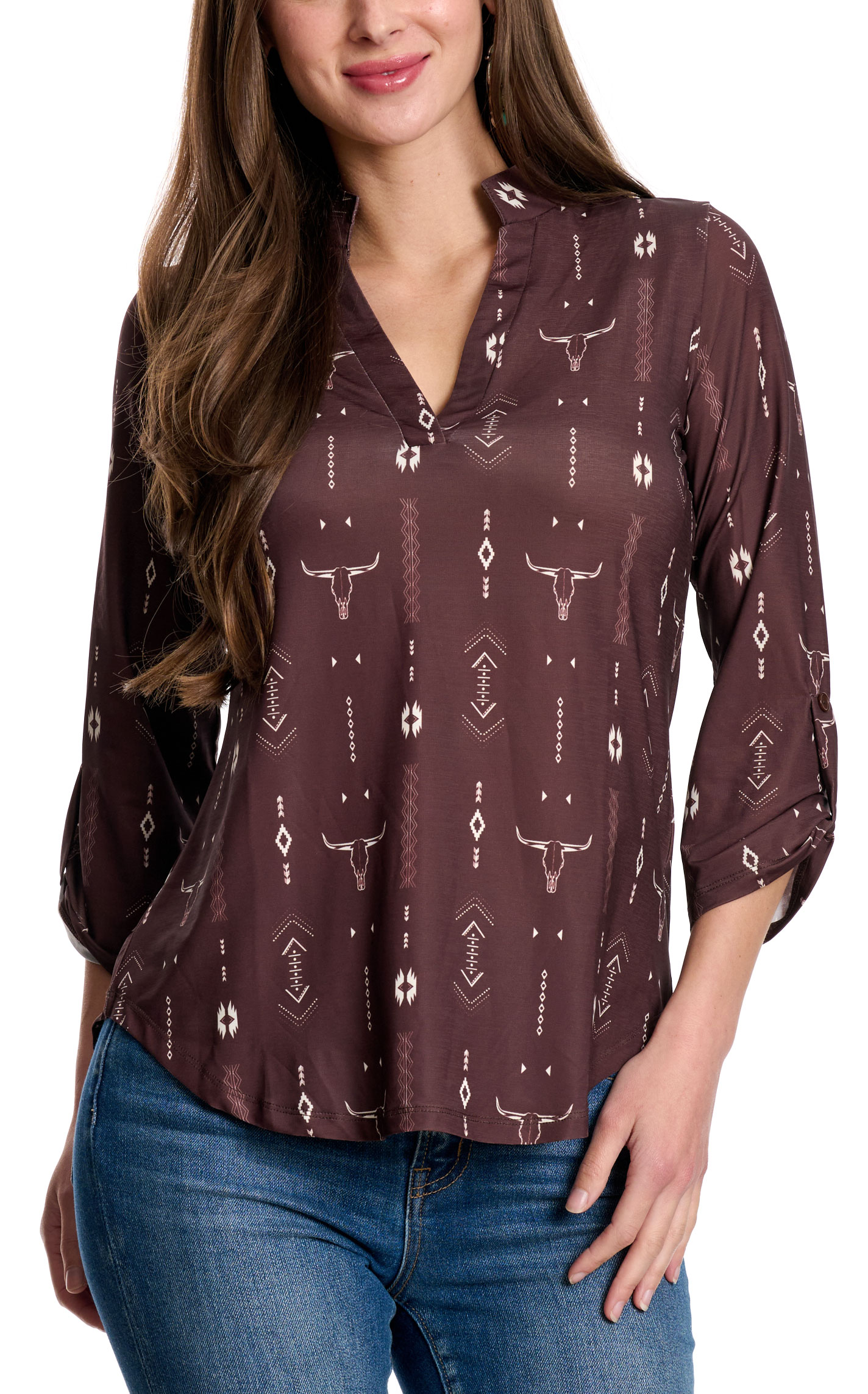 Cowgirl Hardware Women's Chocolate & Latte Aztec Skull Top - Image 3