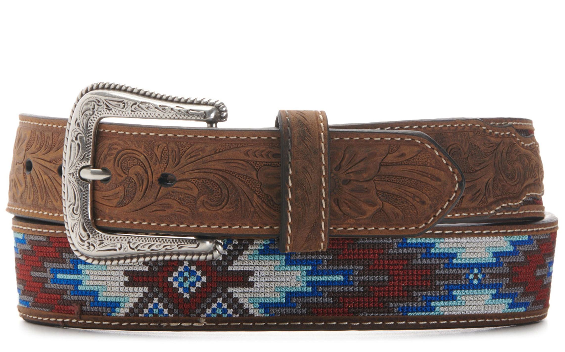 Nocona Men's Brown with Red and Blue Aztec Embroidery Western Belt - Image 1