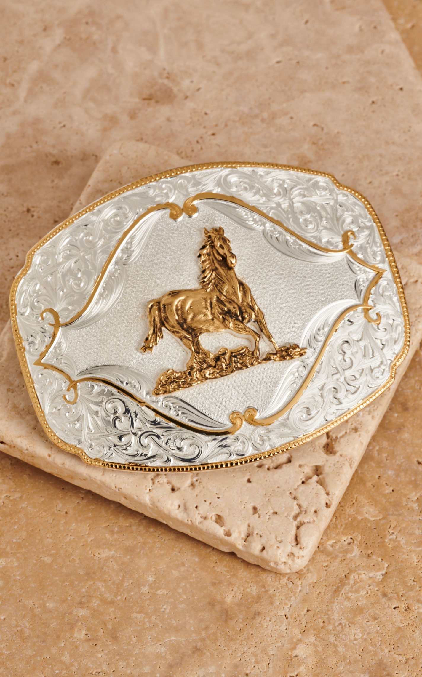 Montana Silversmiths Silver with Gold Galloping Horse Gold Rope Edge Belt Buckle - Image 1