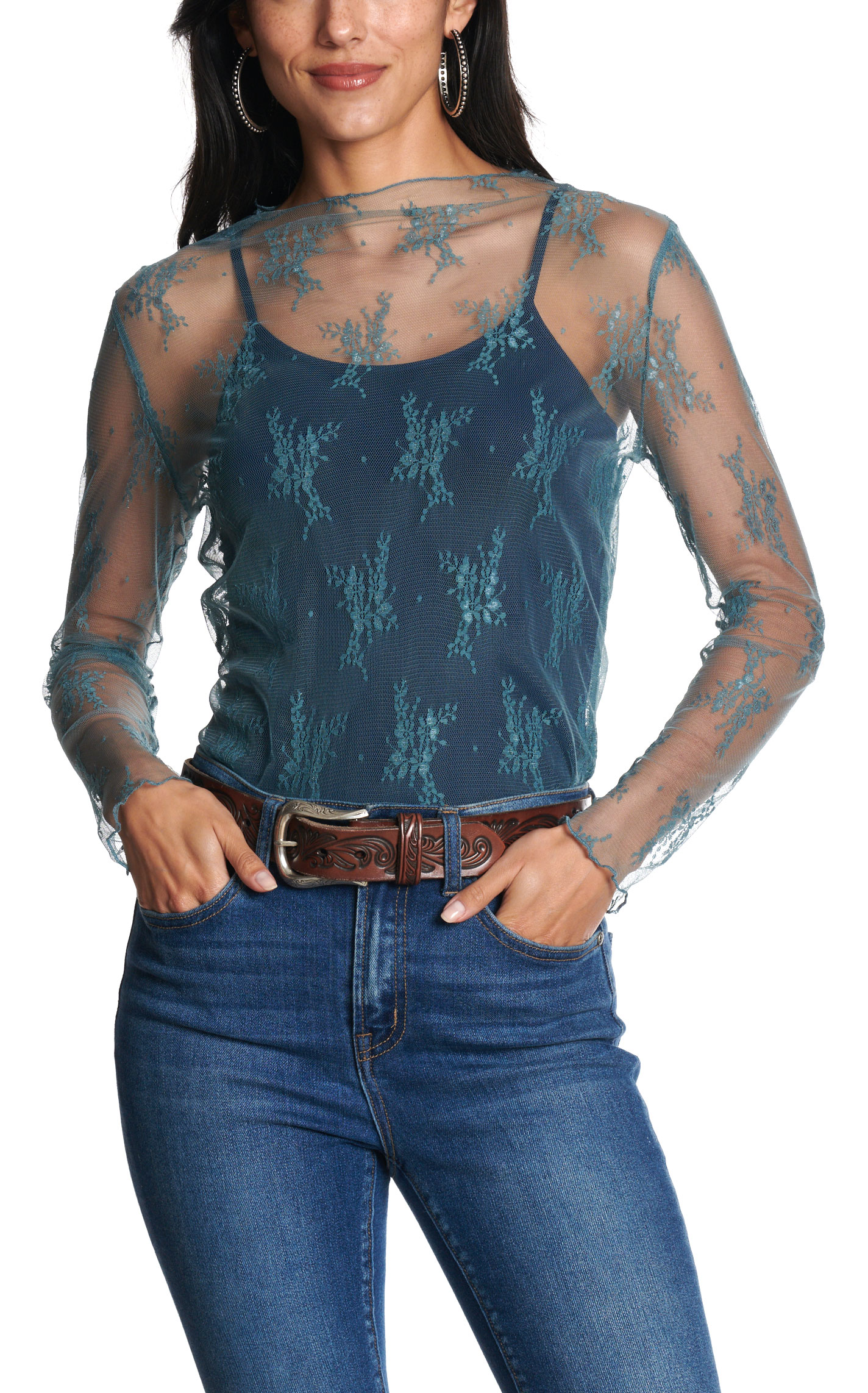 Rockin' C Women's Smoke Blue Sheer Mesh Top - Image 1