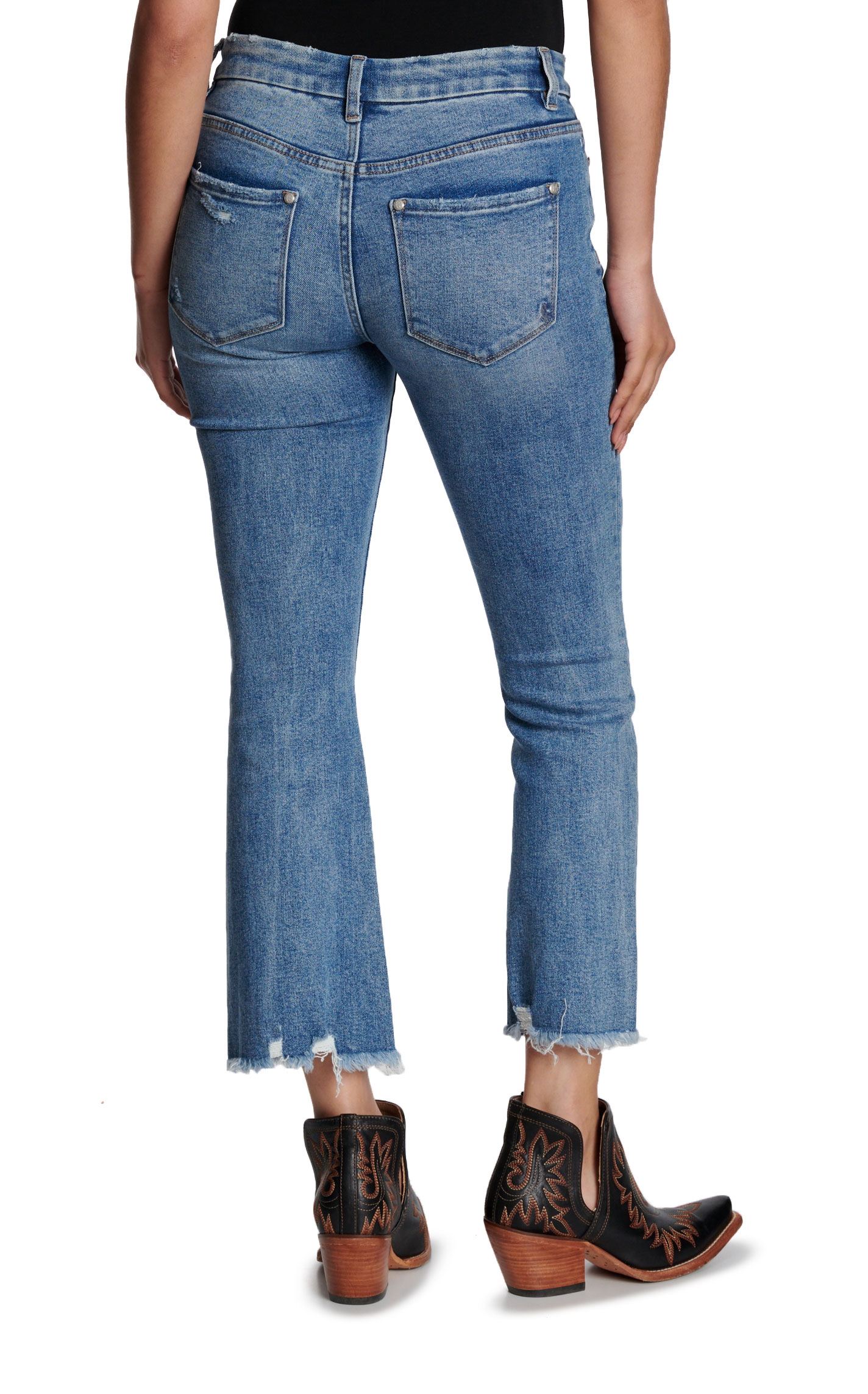 Rockin C Women's Light Wash Raw Hem Cropped Flare Jeans - Image 1