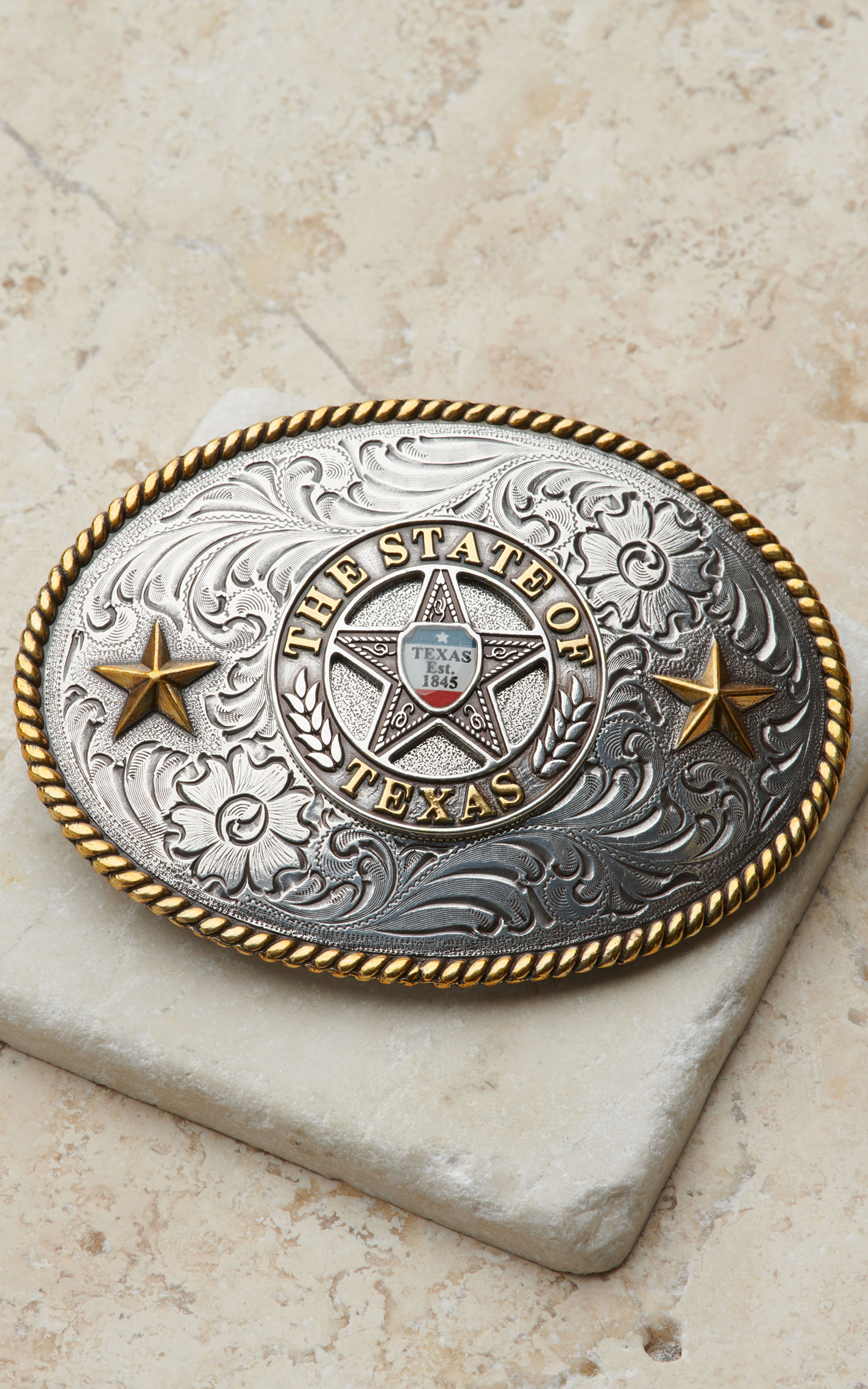 Nocona Silver State of Texas with Gold Rope Edge Western Belt Buckle - Image 1