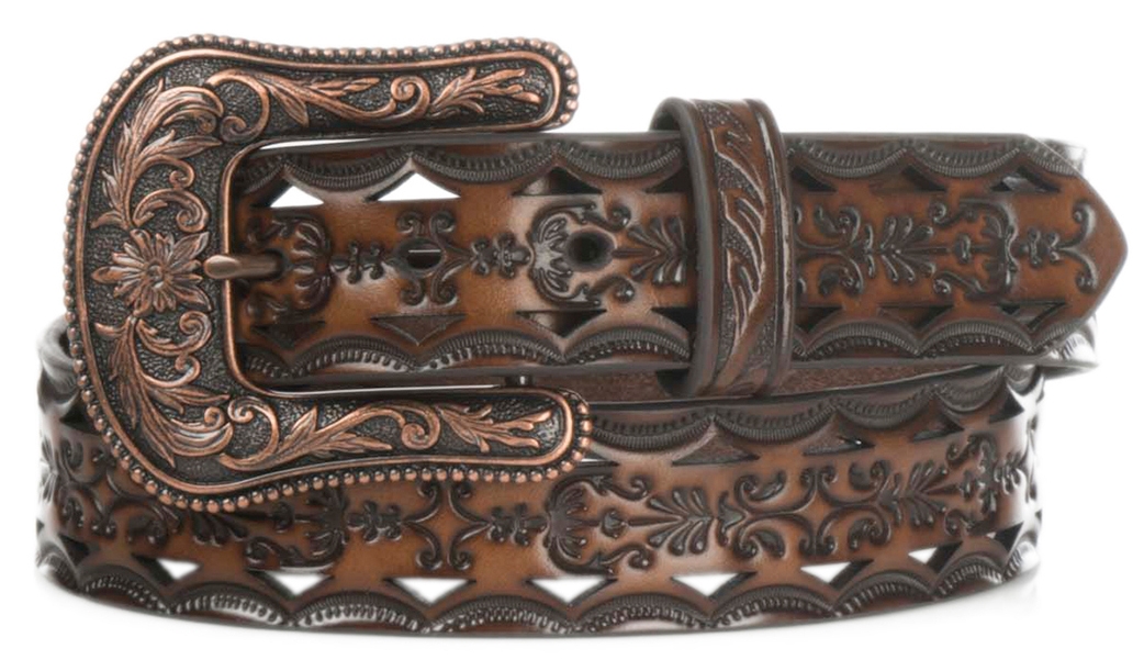 Ariat Women's Brown Tooled with Bronze Buckle Belt - Image 1