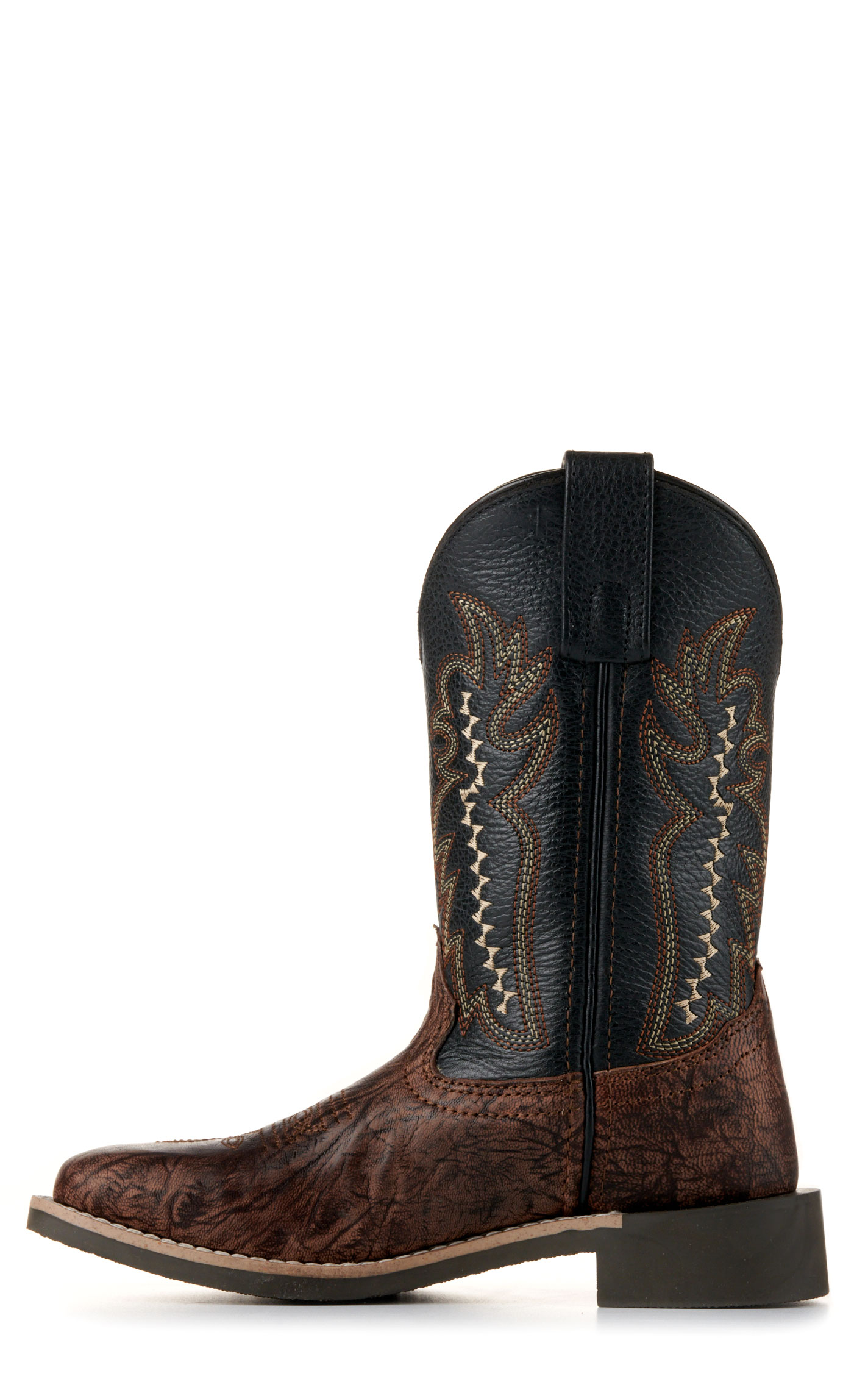 Smoky Mountain Youth Antique Brown Exotic Print and Black Wide Square Toe Cowboy Boots - Image 1