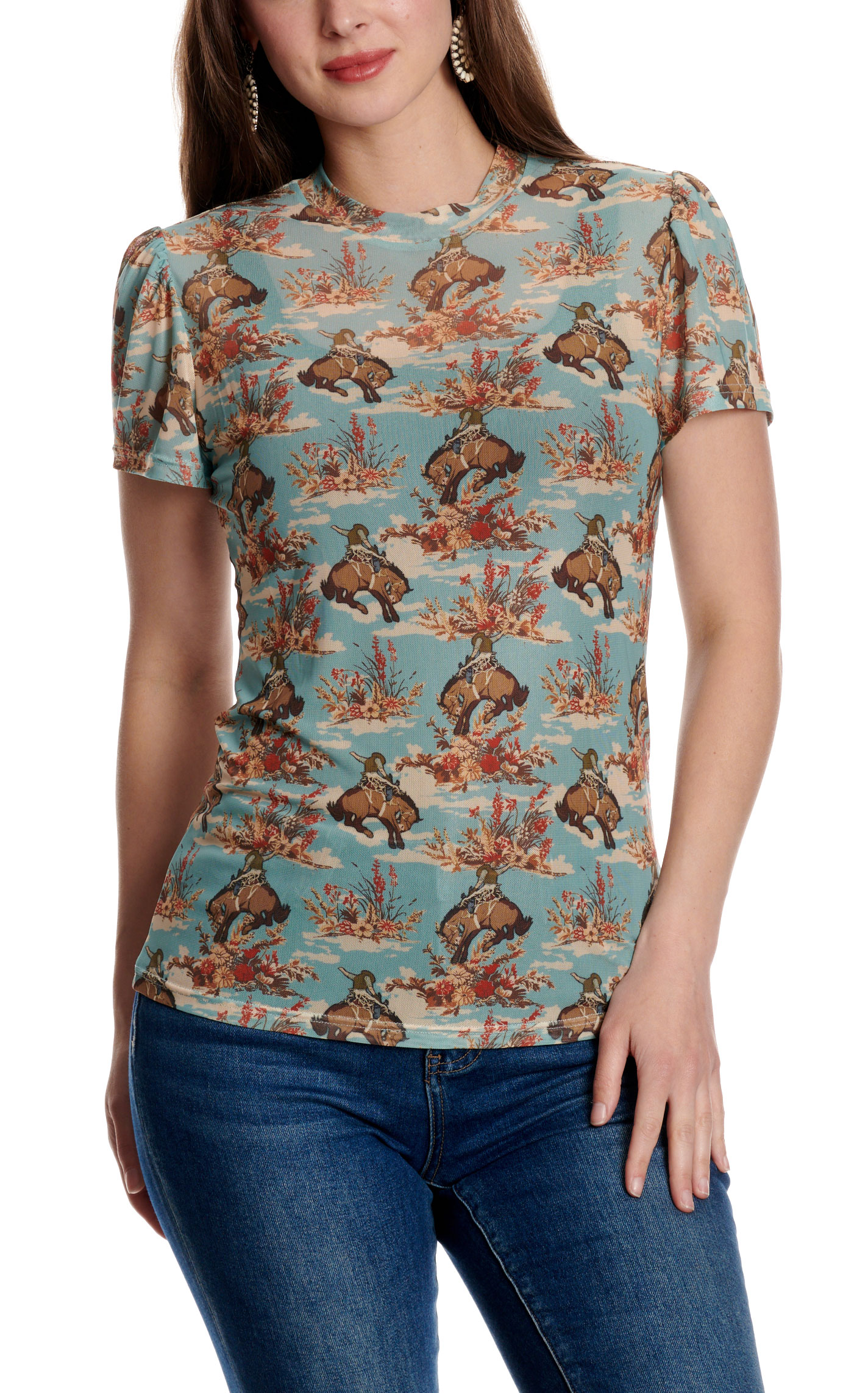 Merigold Kiss Women's Turquoise Western Print Mesh Top - Image 1