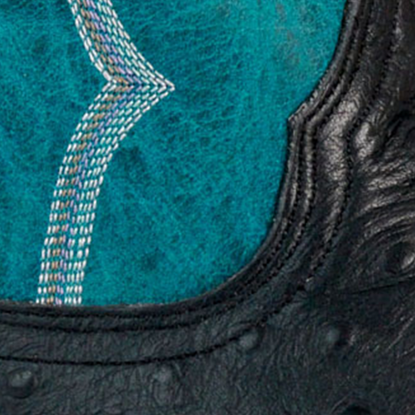 Cavender’s Women’s Intrepid Black Ostrich Print and Turquoise Wide Square Toe Cowboy Boots  - Image 1