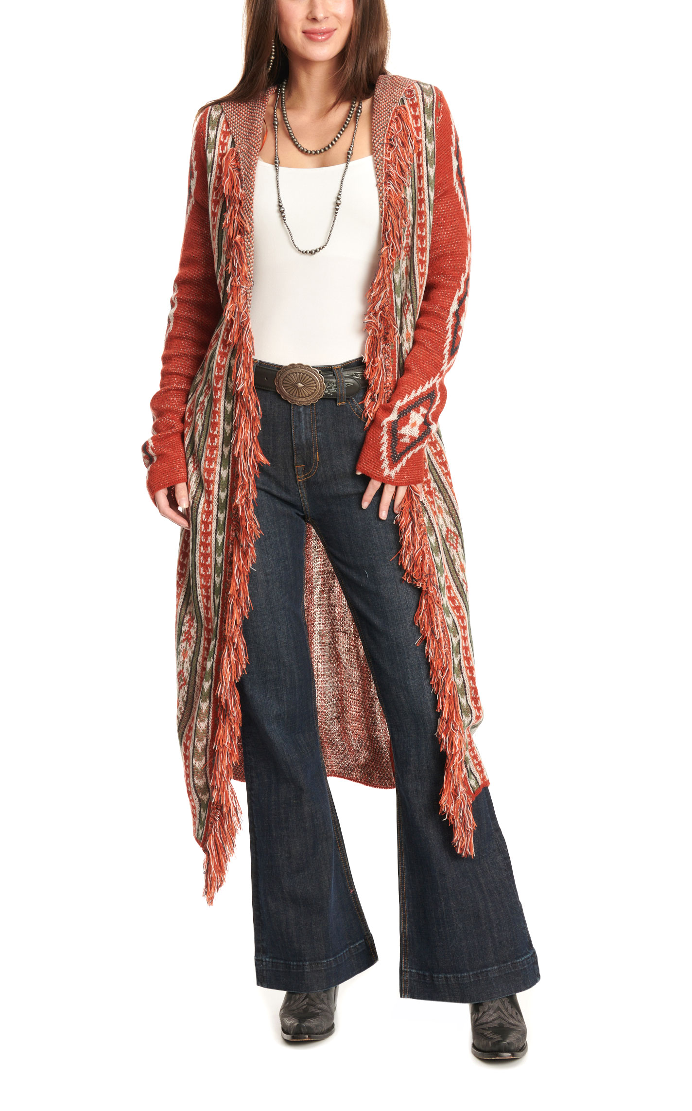 Rock & Roll Denim Women's Rust & Olive Aztec Sweater Cardigan - Image 1