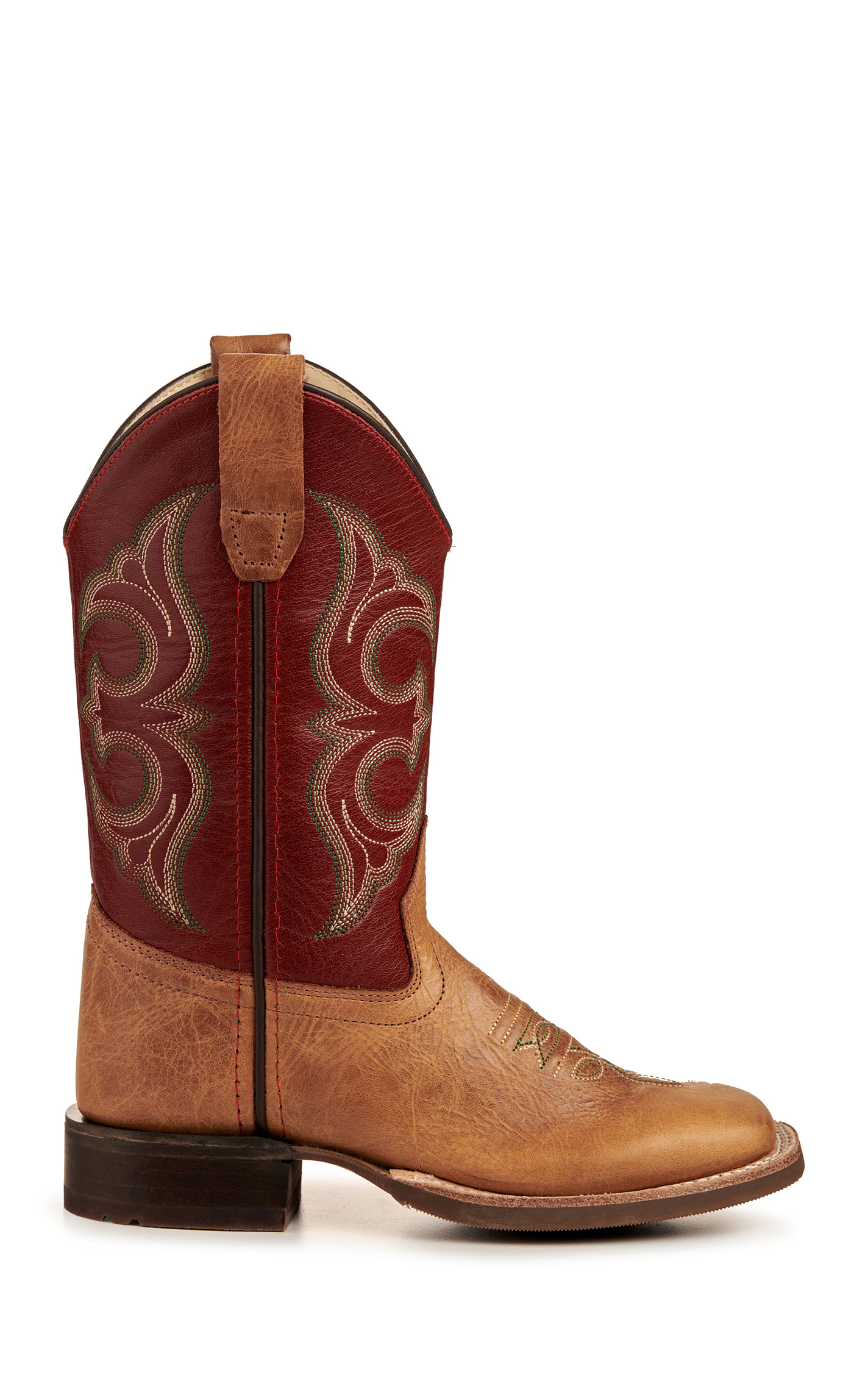 Old West Kid's Cactus Tan and Red Wide Square Toe Cowboy Boots - Image 1