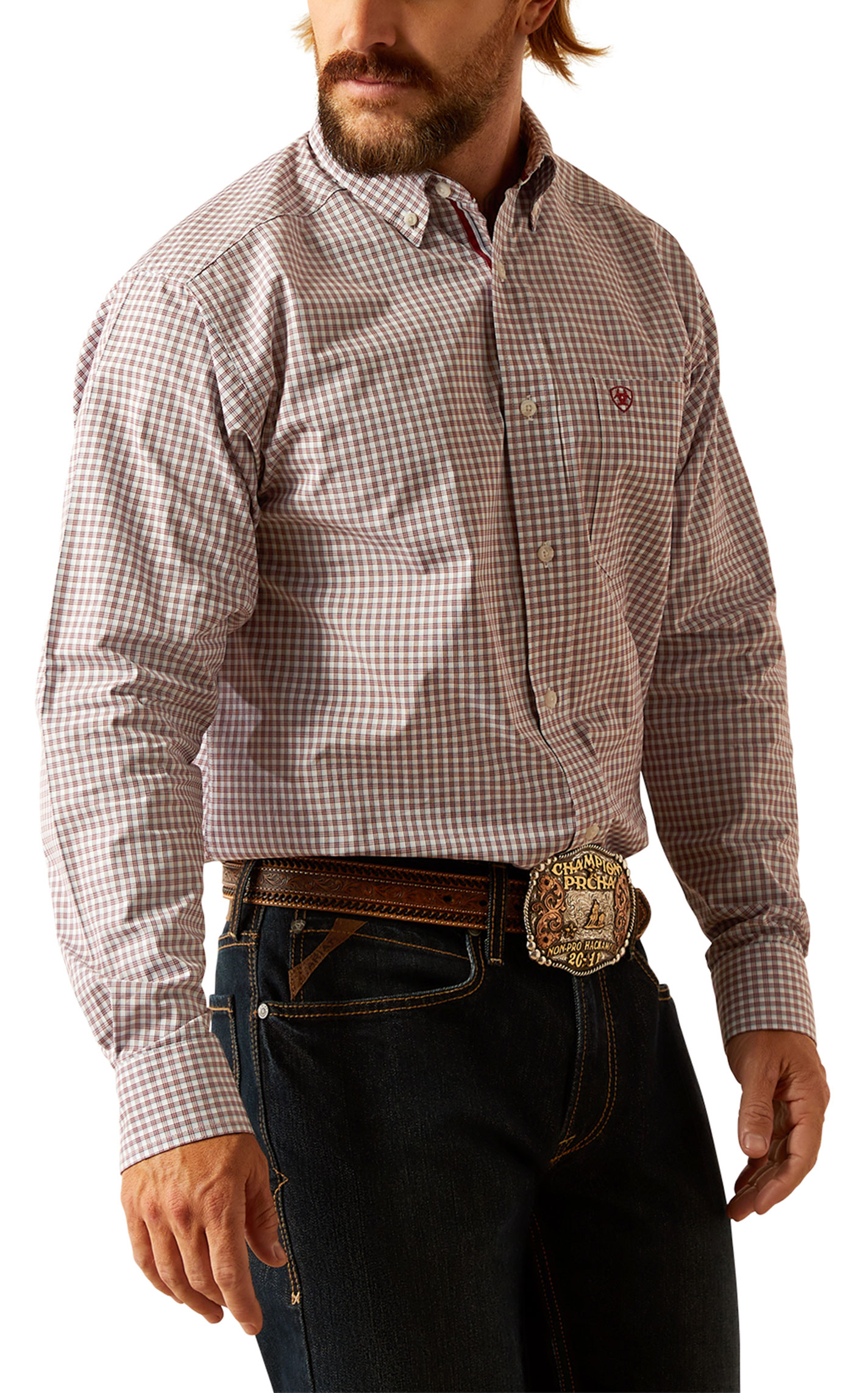 Ariat Pro Series Men's Glen Brick & White Plaid Western Shirt - Image 1