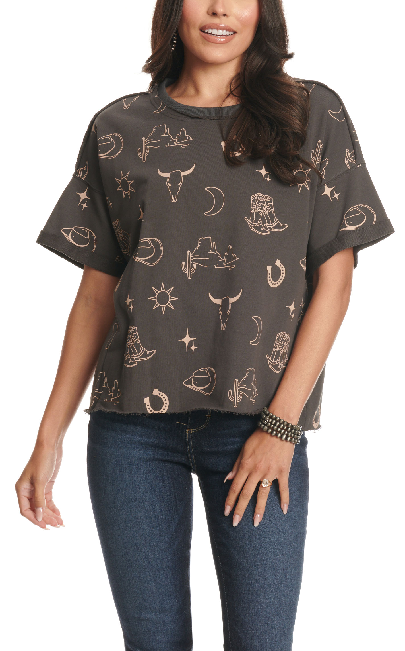 Umgee Women's Charcoal & Latte Western Print Top - Image 1