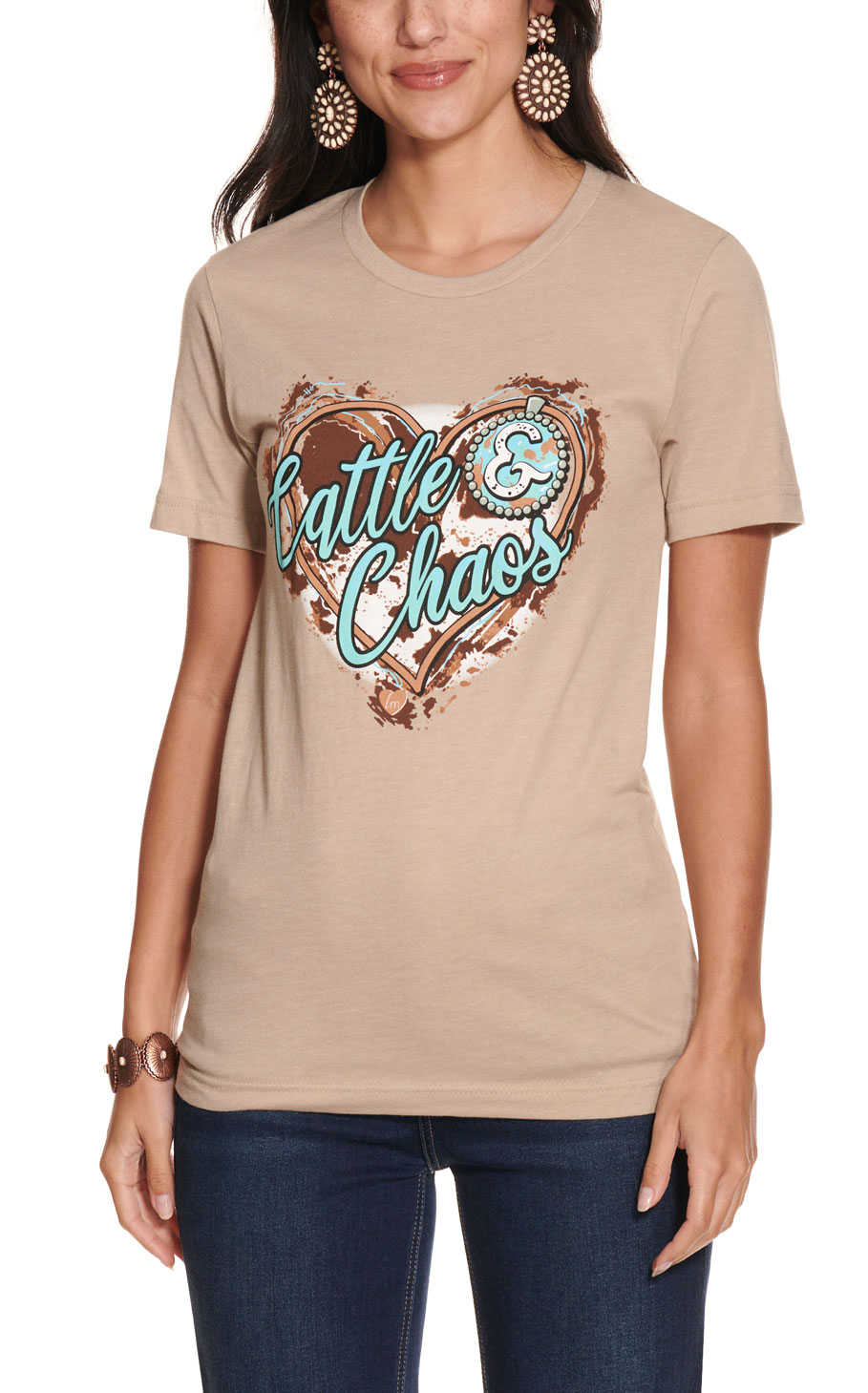 LuLu Mac Women's Taupe with Turquoise and Cowhide Cattle & Chaos From Graphic Short Sleeve T-Shirt - Image 1