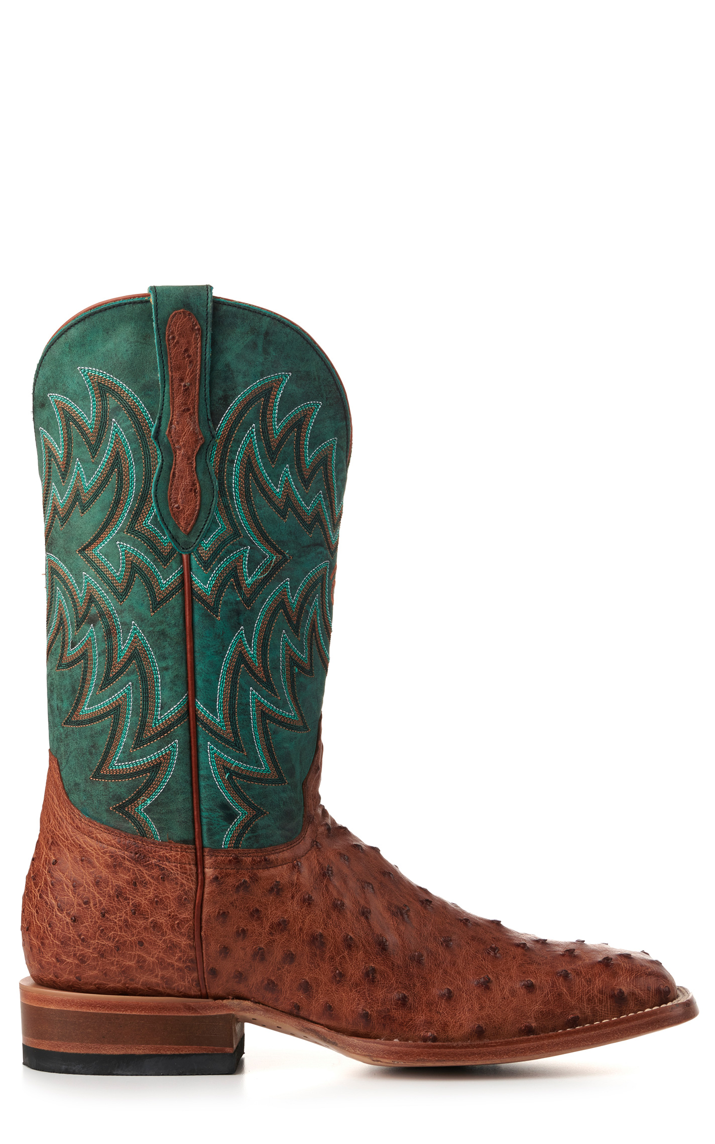 Cavender's Men's Green and Cognac Full Quill Ostrich Rafter C Wide Square Toe Exotic Cowboy Boots - Image 1