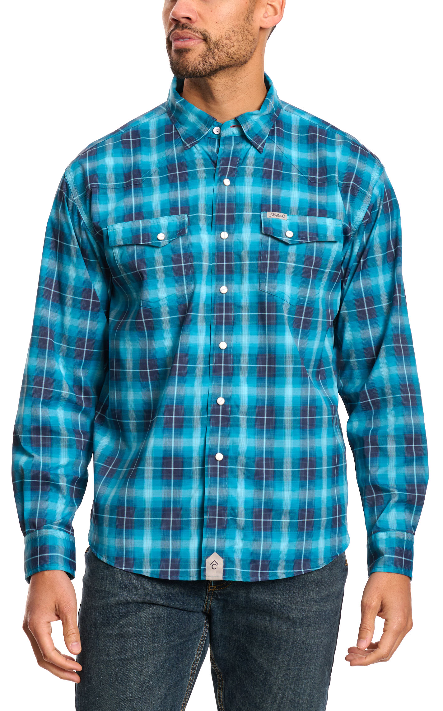 Rafter C Outdoors Men's Blue Plaid Lefty Fishing Shirt - Image 1