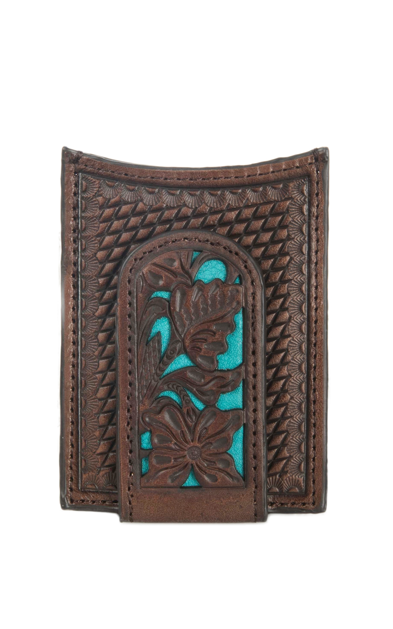 Nocona Brown Embossed with Turquoise Inlay Money Clip and Wallet - Image 1