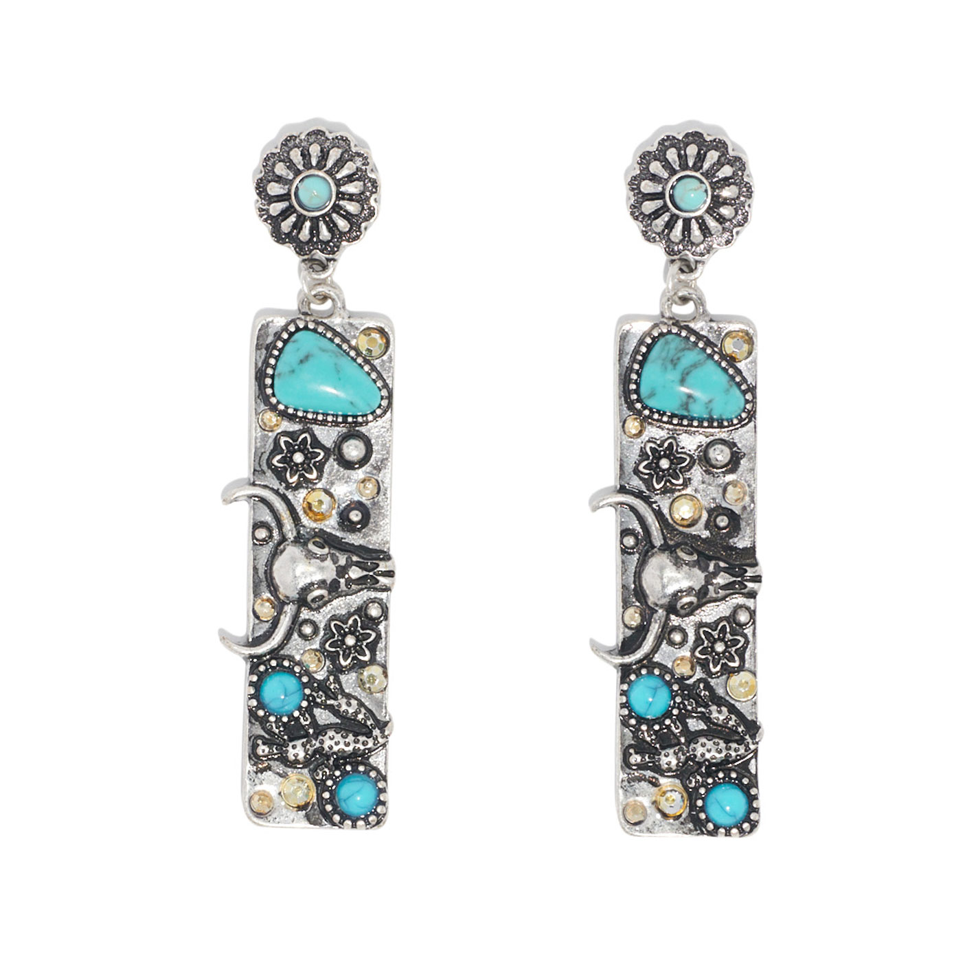 806 by Pink Panache Silver & Turquoise Longhorn Bar Earrings - Image 1
