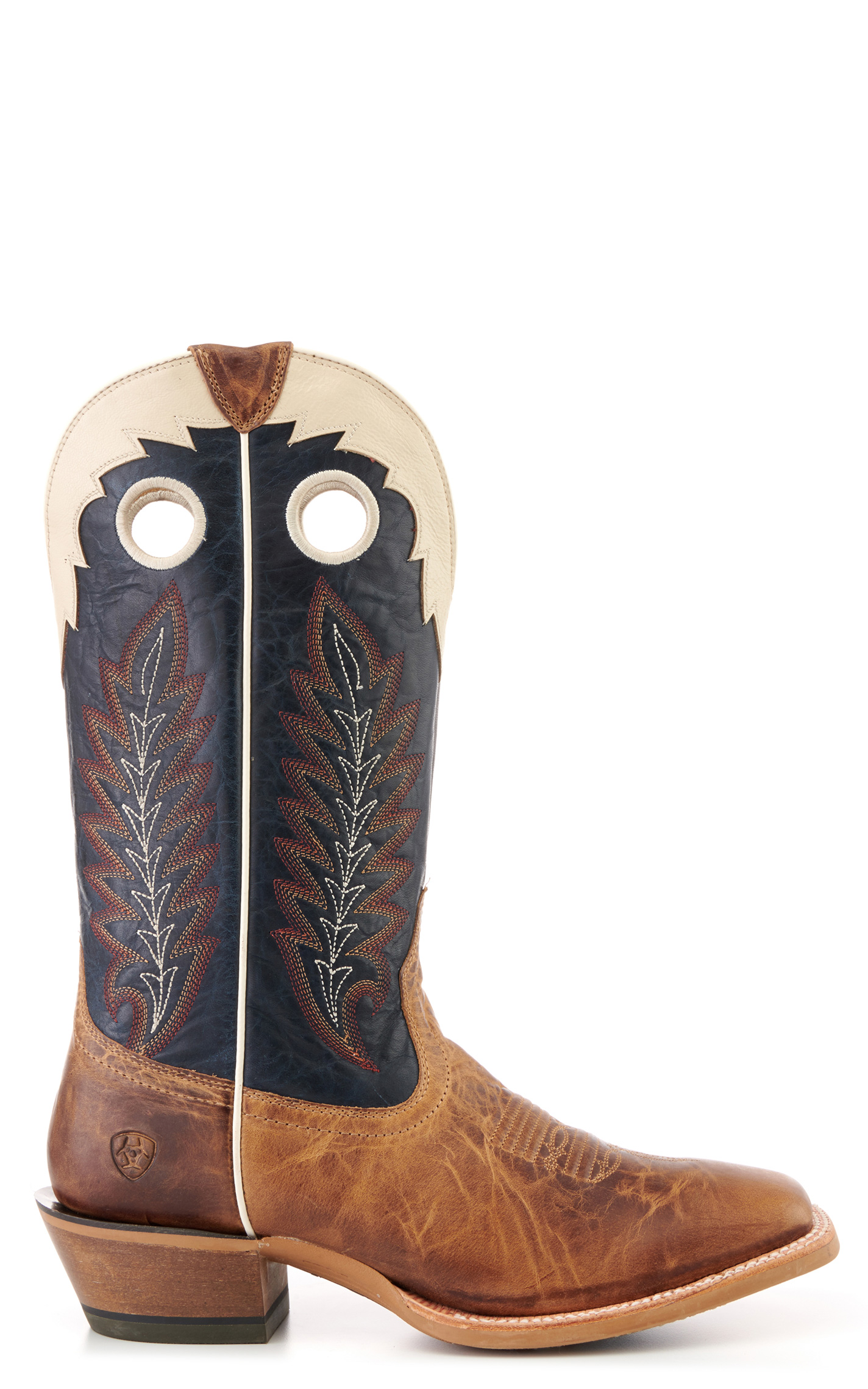 Ariat Men's Real Deal Wheat Brown and Navy Wide Square Toe Buckaroo Cowboy Boots - Image 1