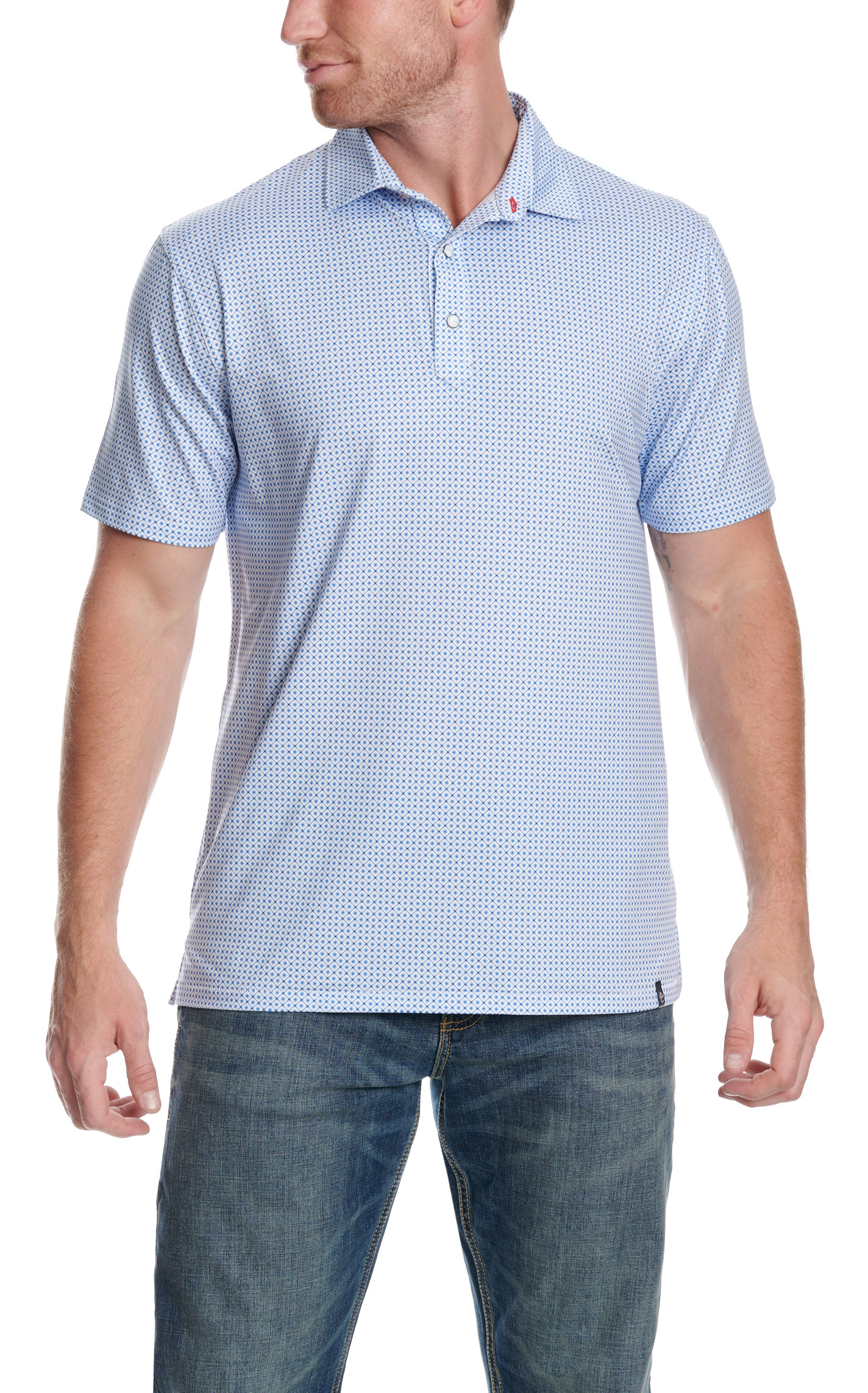 Rafter C Men's Light Blue Geo Print Polo Shirt - Image 1