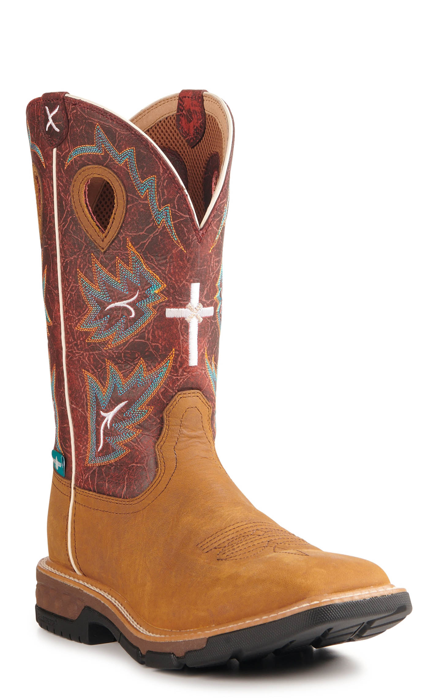Twisted X Men's Tan and Burgundy Waterproof CellStretch Wide Square Toe Work Boots - Image 1