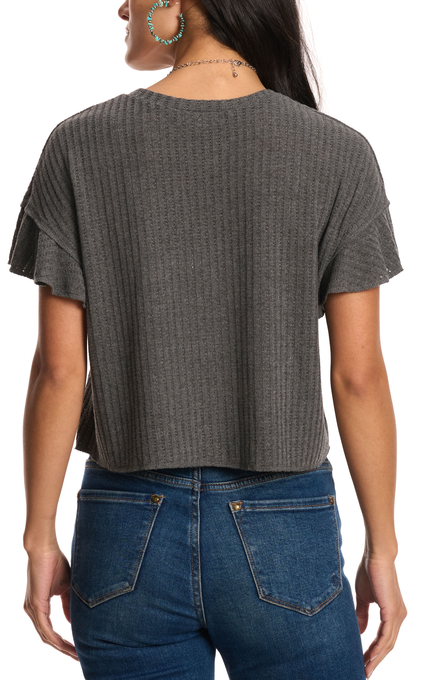 Moa Moa Women's Flutter Charcoal Solid Ribbed Top - Image 1