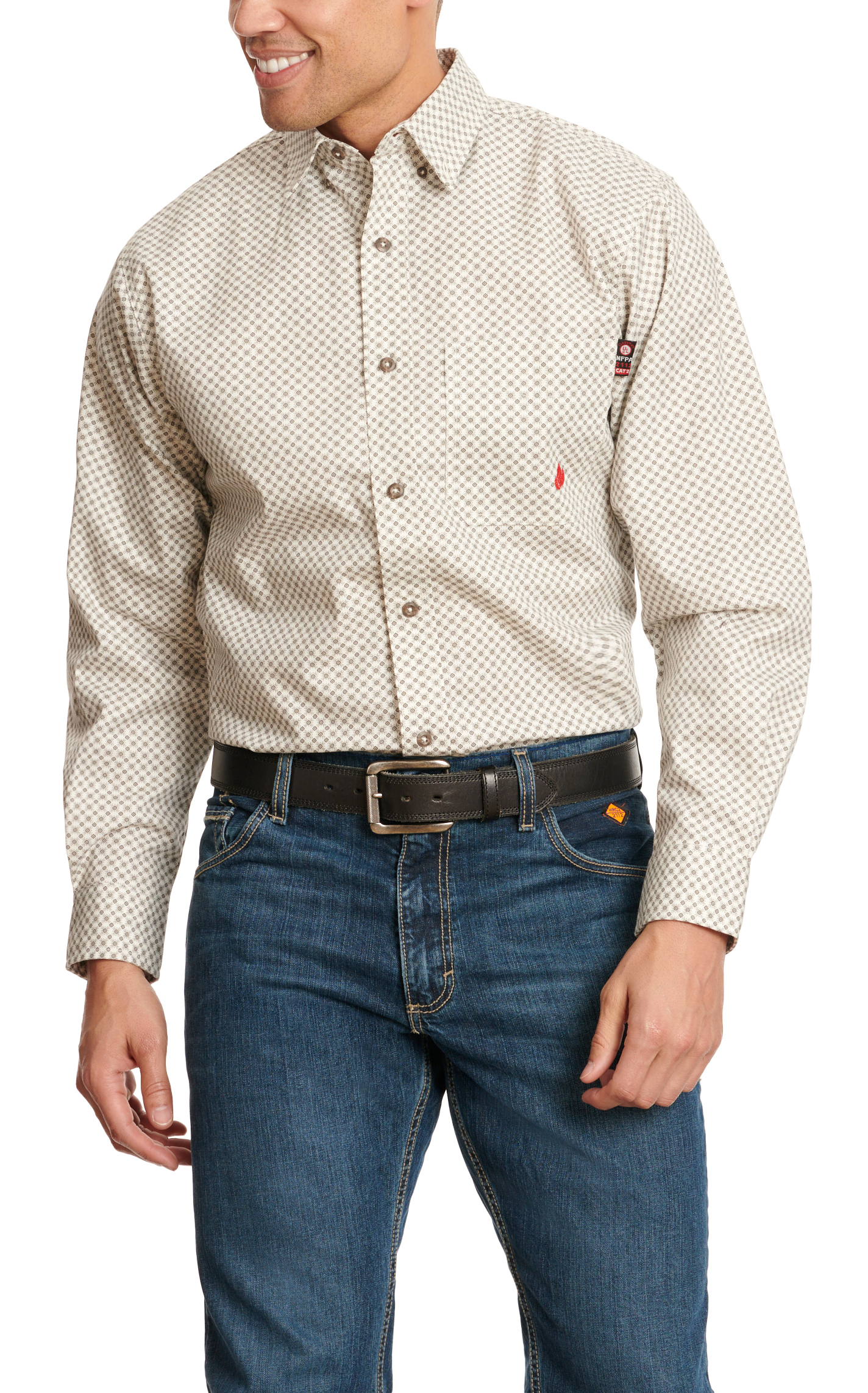 Forge Men's White & Gray Geo Print Long Sleeve FR Work Shirt - Image 3