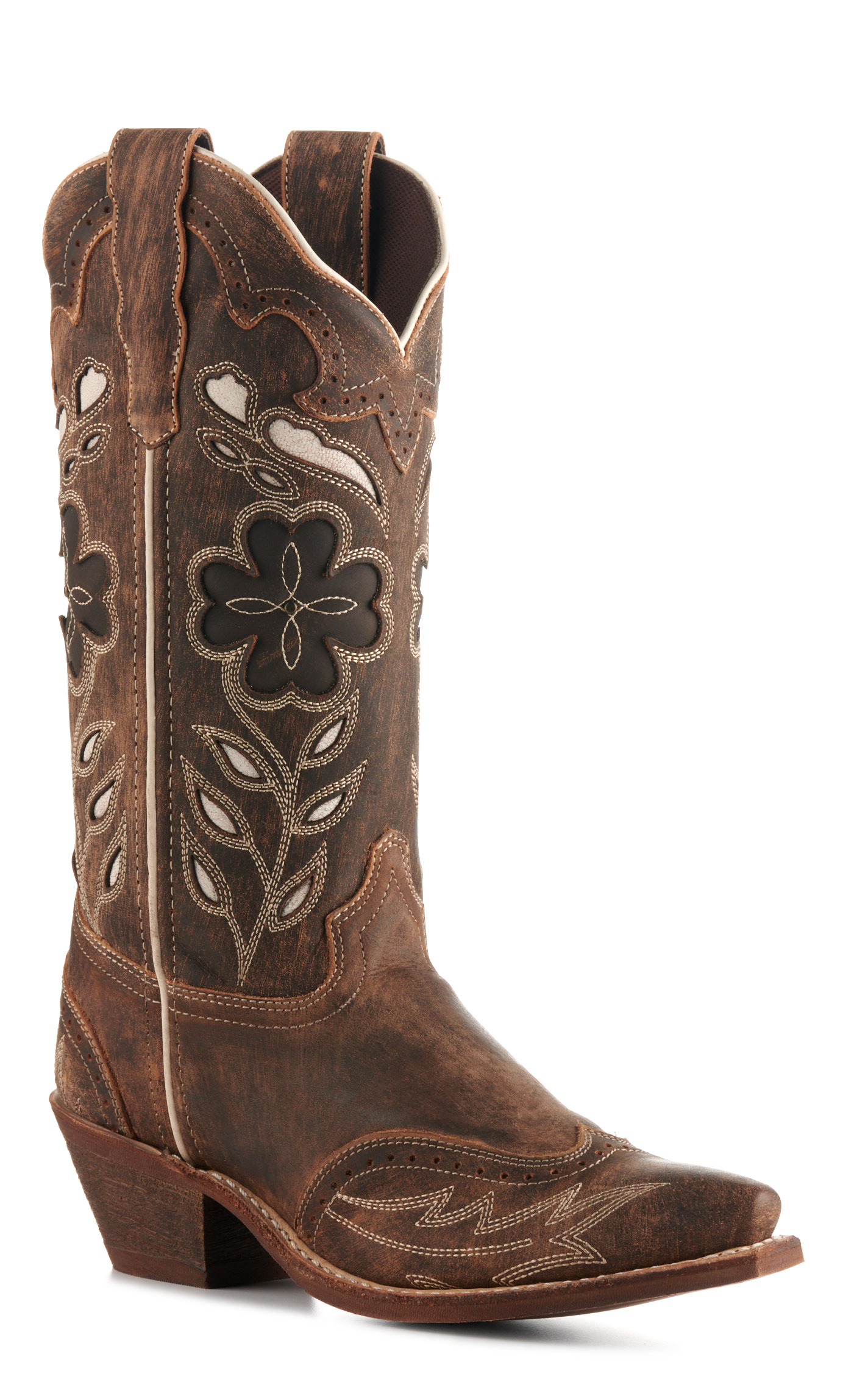 Laredo Women's Zuri Distressed Brown Floral Inlays Snip Toe Cowboy Boots - Image 1
